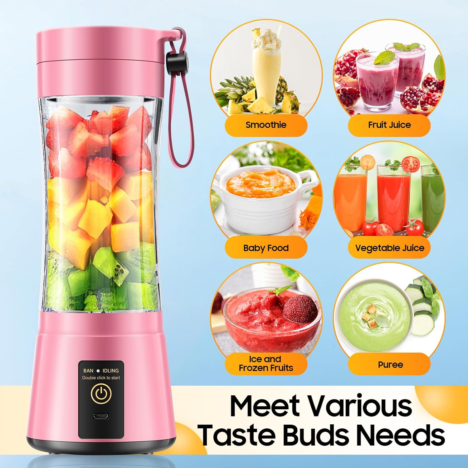 Cordless Portable Personal Size Blender - Mini Blender Make Smoothies and Shakes, 380Ml BPA Free Travel Cup, Powerful Blending Suit in Office/Home/Gym