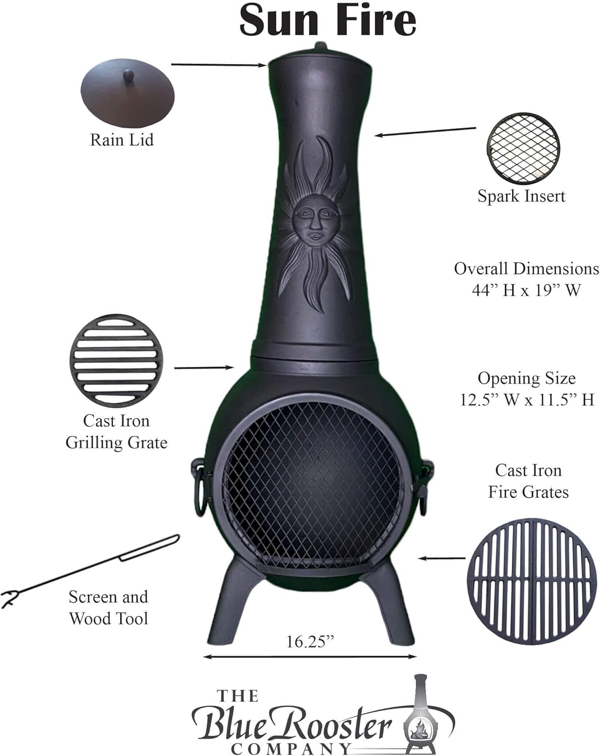 Sun Fire Outdoor Chiminea Fireplace by The Blue Rooster - Cast Aluminum Deck or Patio Firepit 44