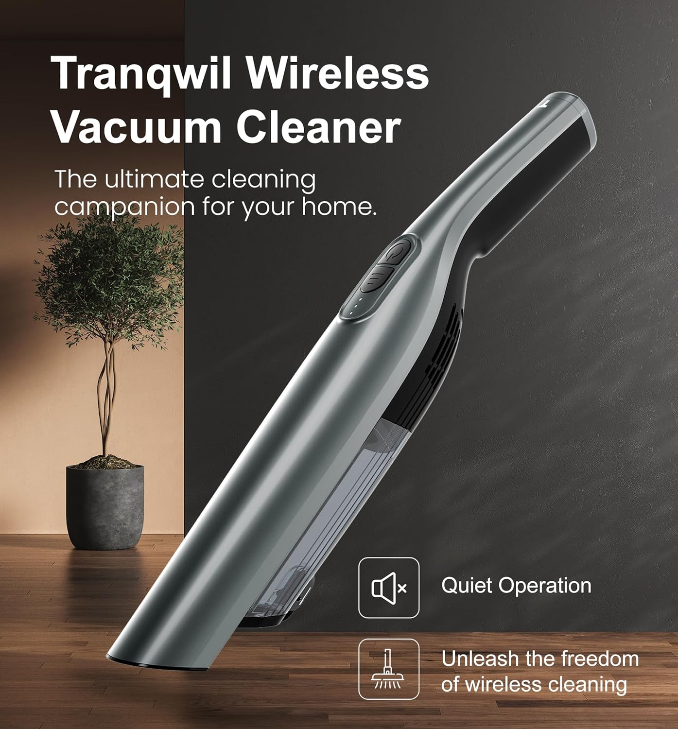 Tranqwil Cordless Handheld Vacuum, Lightweight Portable Vacuum 1.4lbs, Powerful Suction 2 Stage-Motor, Charge Dock, One-Touch Empty for Home & Car, Guiding Lights with Versatile Attachments (Silver)