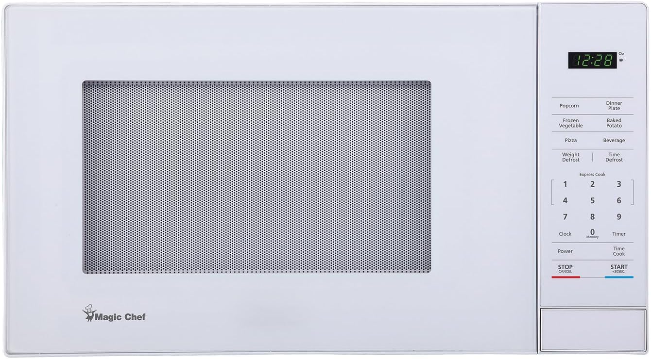 Magic Chef Compact Countertop Microwave Oven, 1,000 Watts, White, 1.1 Cu. Ft. - Digital Kitchen Appliance with One-Touch Cooking, Child Lock, Timer, Reheat, Defrost, and 10 Power Levels