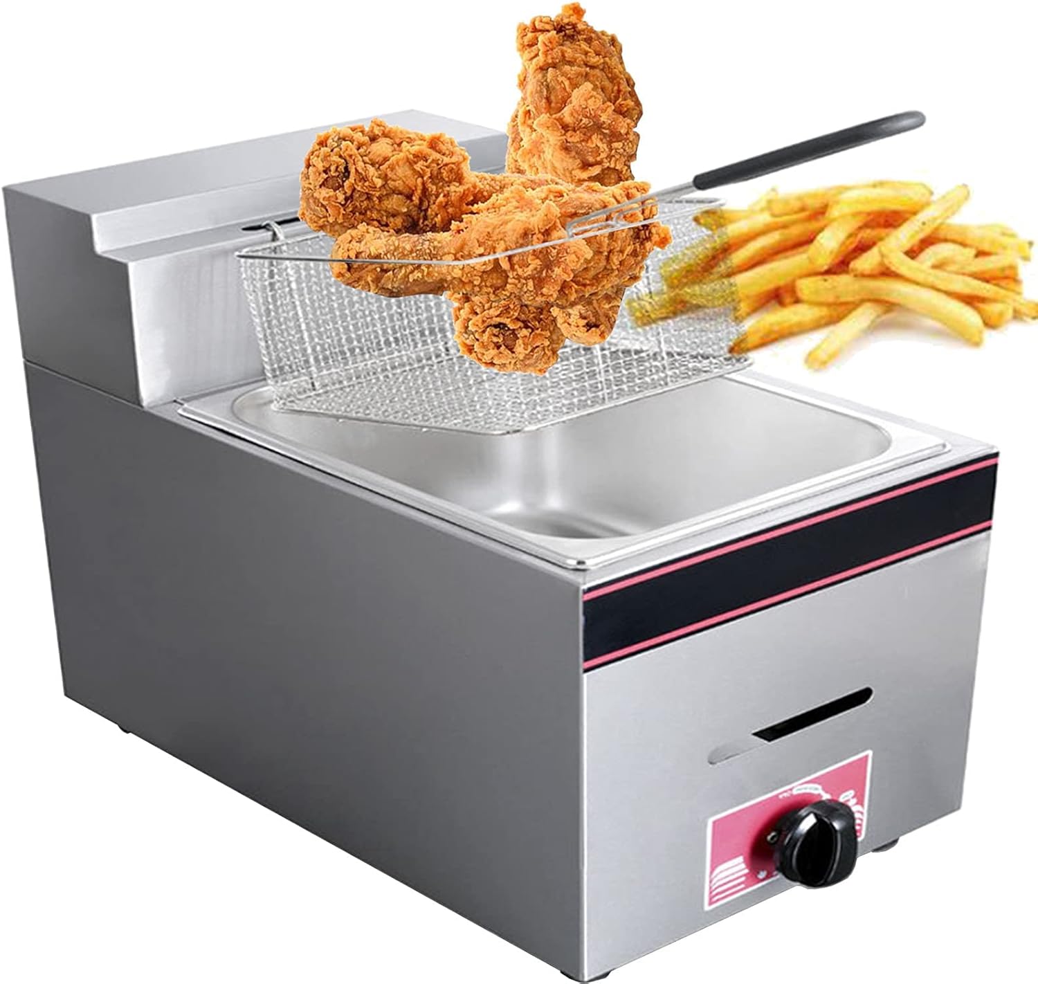 10L Commercial Stainless Steel Gas Fryer Adjustable Firepower and Temperature Control with Frying Basket and Lid for Chips Donuts Fish