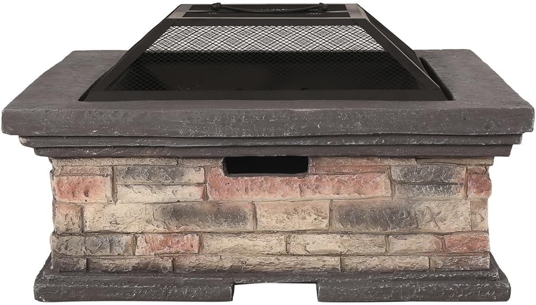 Outdoor Heaters for Patio – Smokeless Fire Pit Table Square Faux Stone-Look Base Steel Fire Bowl Mesh Spark Screen Lid & Poker Wood-Burning Outdoor Fireplace for Backyard