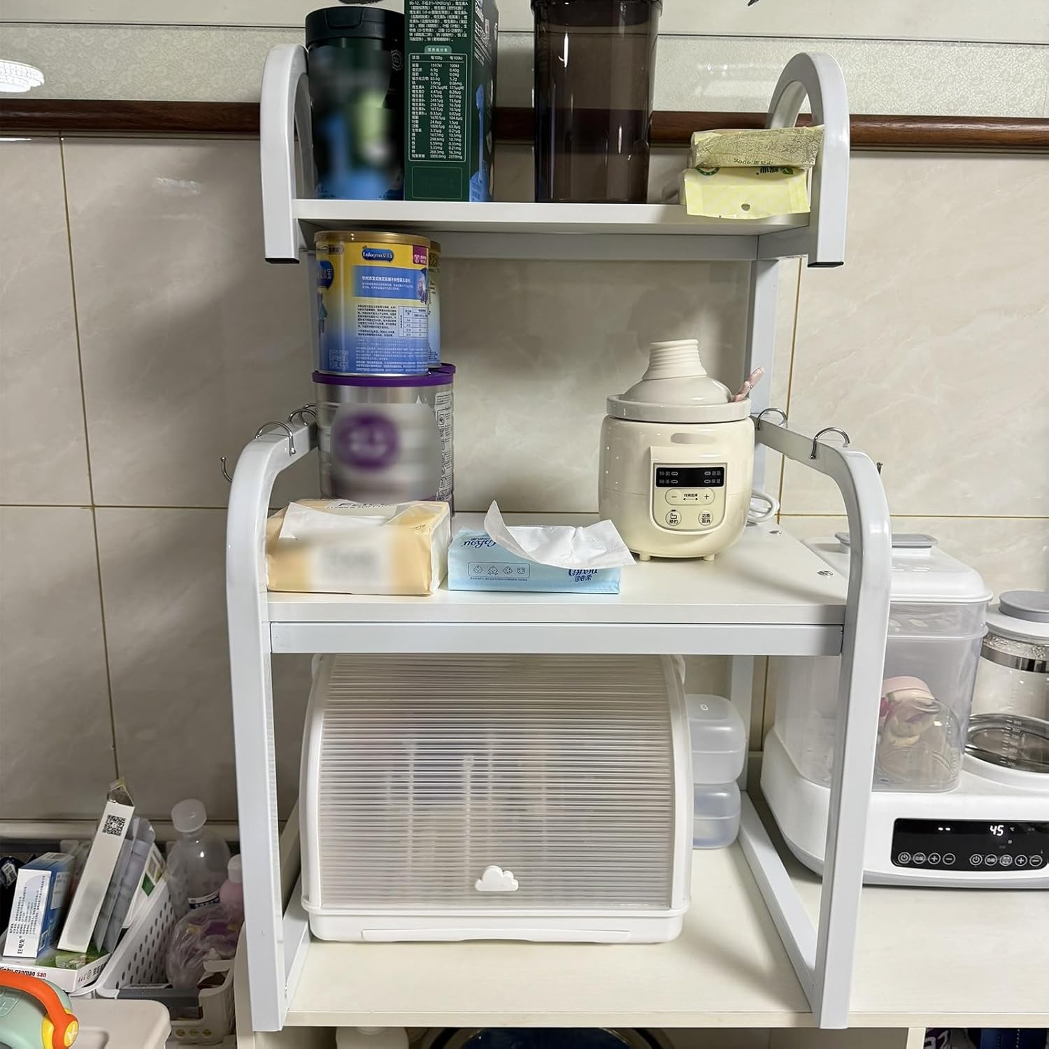 2-Tier Multifunctional Microwave Ovens Countertop, Stand Kitchen Storage Shelf Organizer, Kitchen Storage Organiser Cabinet, with 3 Hooks Kitchen Tableware Storage Shelf (Color : White, Size : 60 * 4