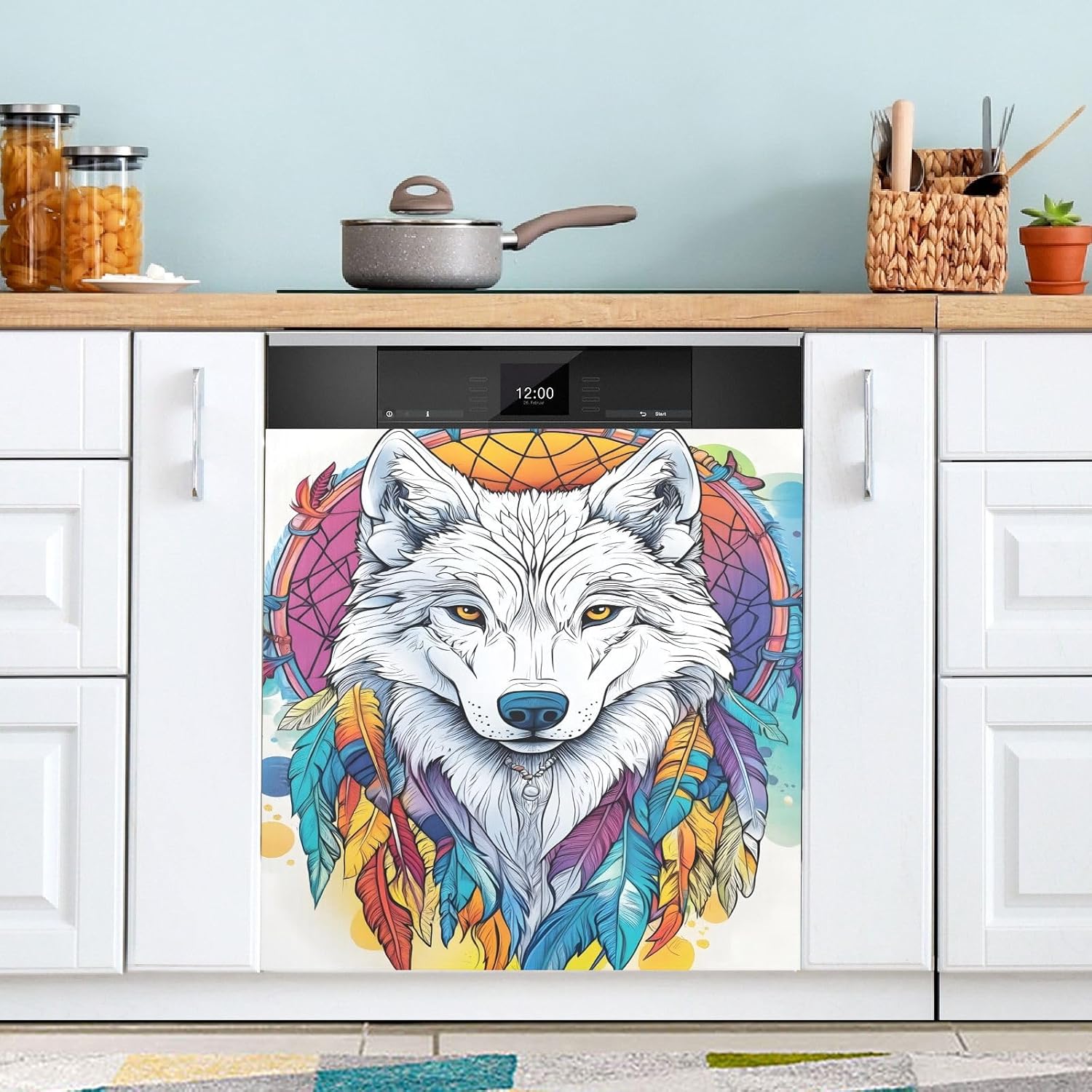 Dishwasher Magnet Cover Large Magnetic Stickers Wolf Dreamcatcher Front Dishwasher Cover Reusable Decal for Home Kitchen Anti-Scratch Refrigerator Decorative Lid Washing Machine Laundry 23