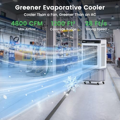 Waykar Swamp Cooler, 4800 CFM Evaporative Air Cooler with 6 Gals Water Tank, 1200 Sq.Ft. Portable Air Conditioner with 4 Ice Pack, 120°/60°Oscillation, 3 Models for Garage, Yard, Commercial Use