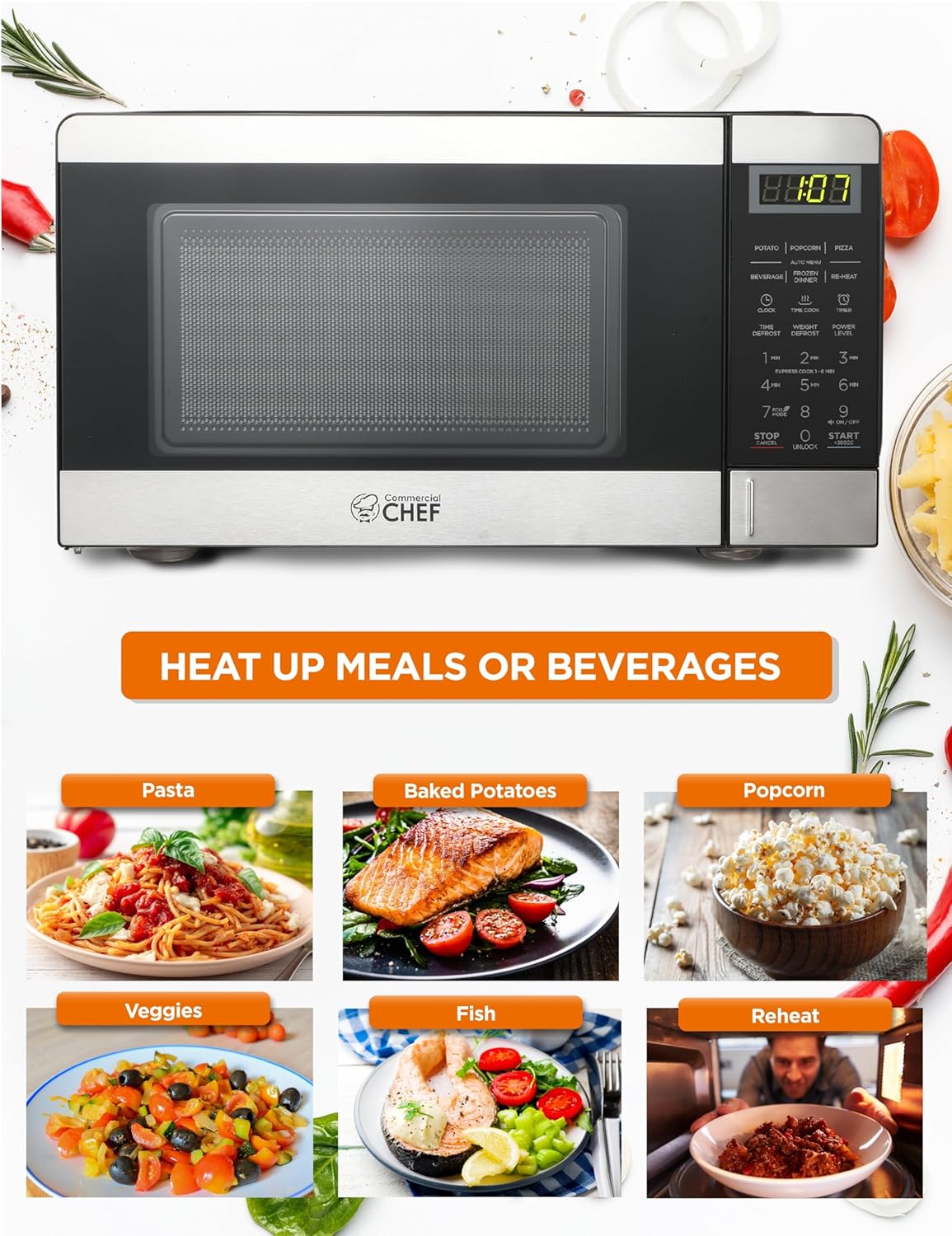 COMMERCIAL CHEF 0.7 Cubic Foot Microwave with 10 Power Levels, Small Microwave with Push Button, 700W Countertop up to 99 Minute Timer and Digital Display, Stainless Steel
