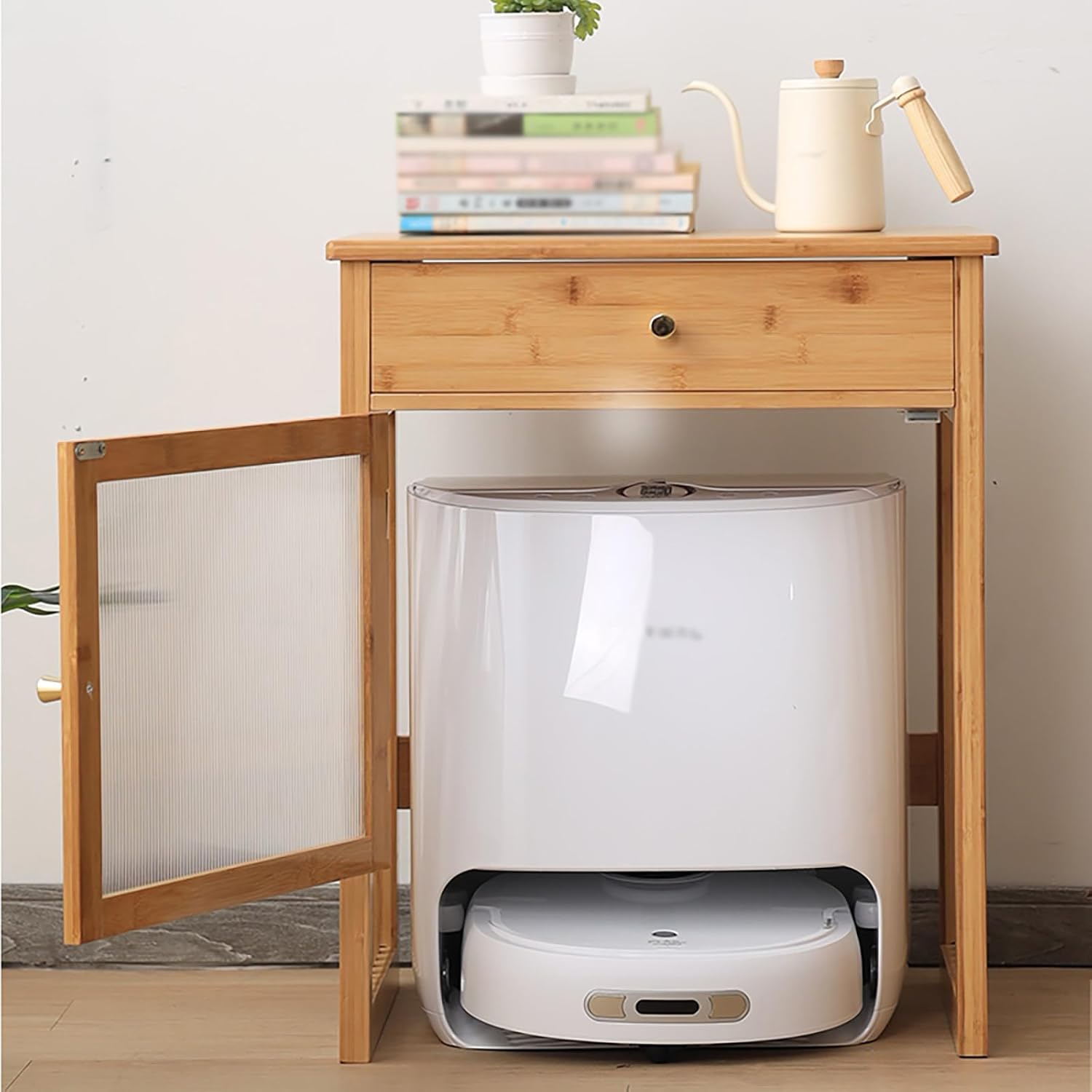 Modern Hiding Robot Vacuum Cabinet with Doors, Sweeping Robot Storage Rack for 10 Gal Fish Tank/Printer, Heavy Duty Waterproof Bedroom Bedside Table - Small Spaces(Natural,55.5x46x73.5 (21.8x18.1x29i
