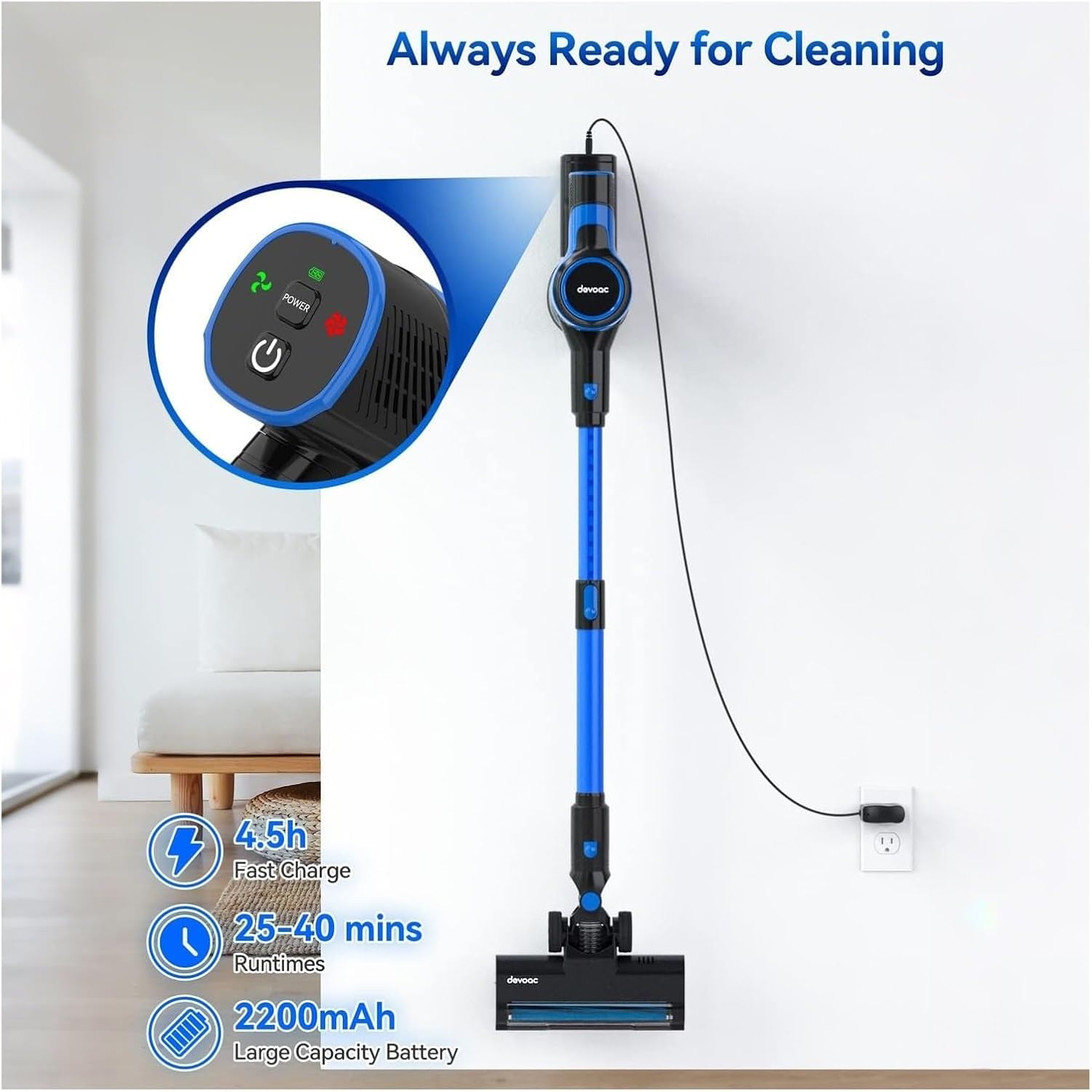 Compatible With Devoac V50 Cordless Vacuum Cleaner, 25KPa Powerful Suction, 6-in-1 Lightweight Stick Vacuum, 50min Runtime For Hard Floor Carpet Pet Hair Home Car Cleaning