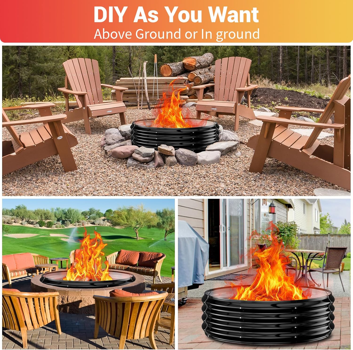 60IN Heavy Duty Fire Pit Ring for Outside - Large Wood Burning Fire Pits&Outdoor Fireplace,High Heat Resistant,12''Raised,Galvanized Steel Bonfire Pit Portable for Camping,Backyard,Patio