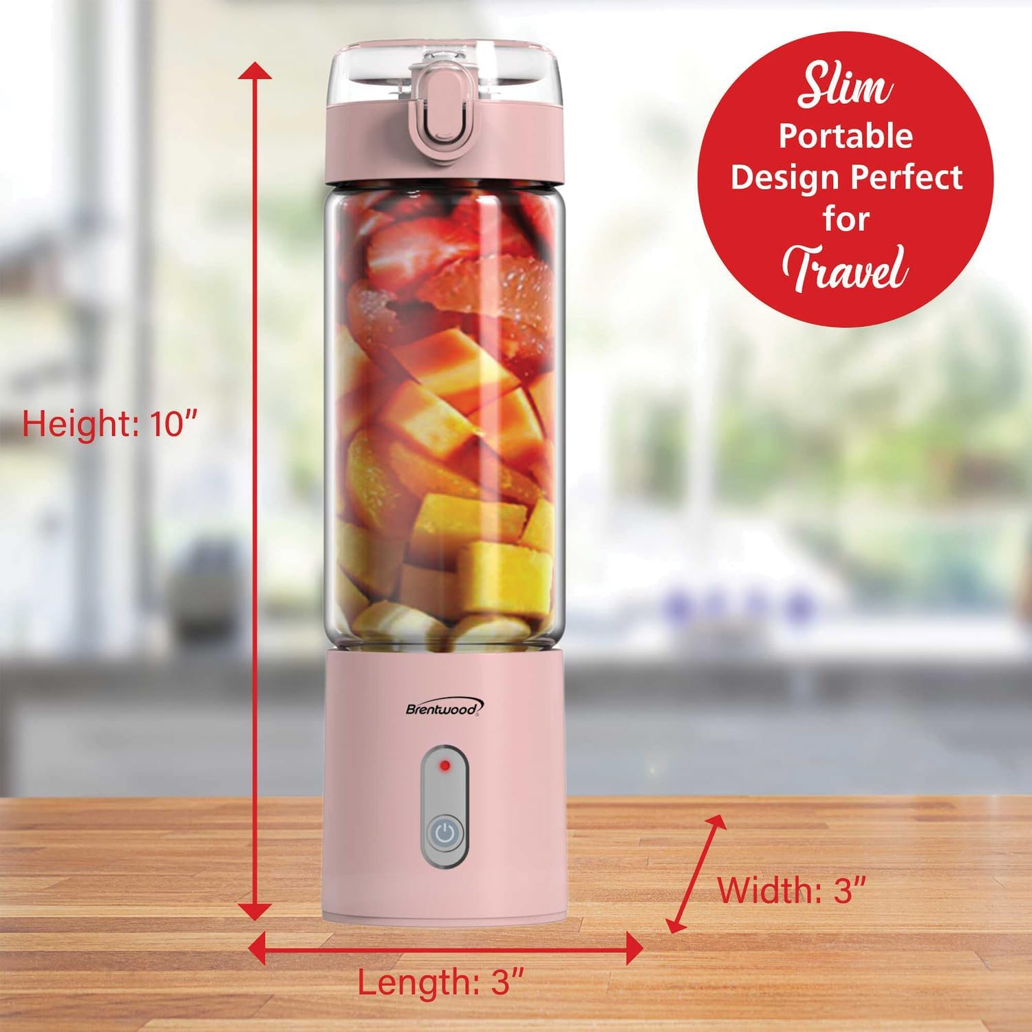 Brentwood 50-Watt 17-Oz. Portable Battery-Operated USB-Chargeable Glass Blender (Pink)