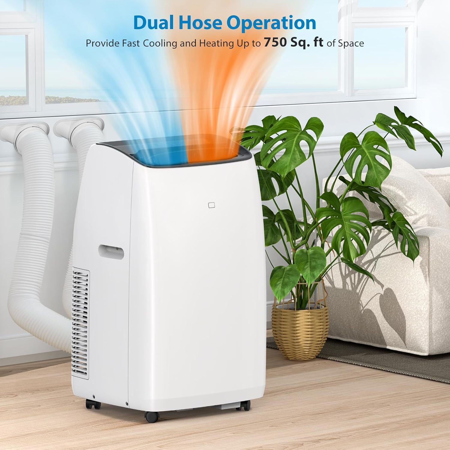 14,000BTU (13,600BTU SACC) Inverter Dual Hose Cooling Portable Air Conditioner, Heater, Dehumidifier, and Fan, Cools up to 750 Sq. Ft Bedroom, Office, Kitchen, Includes Remote Control & Window Kit
