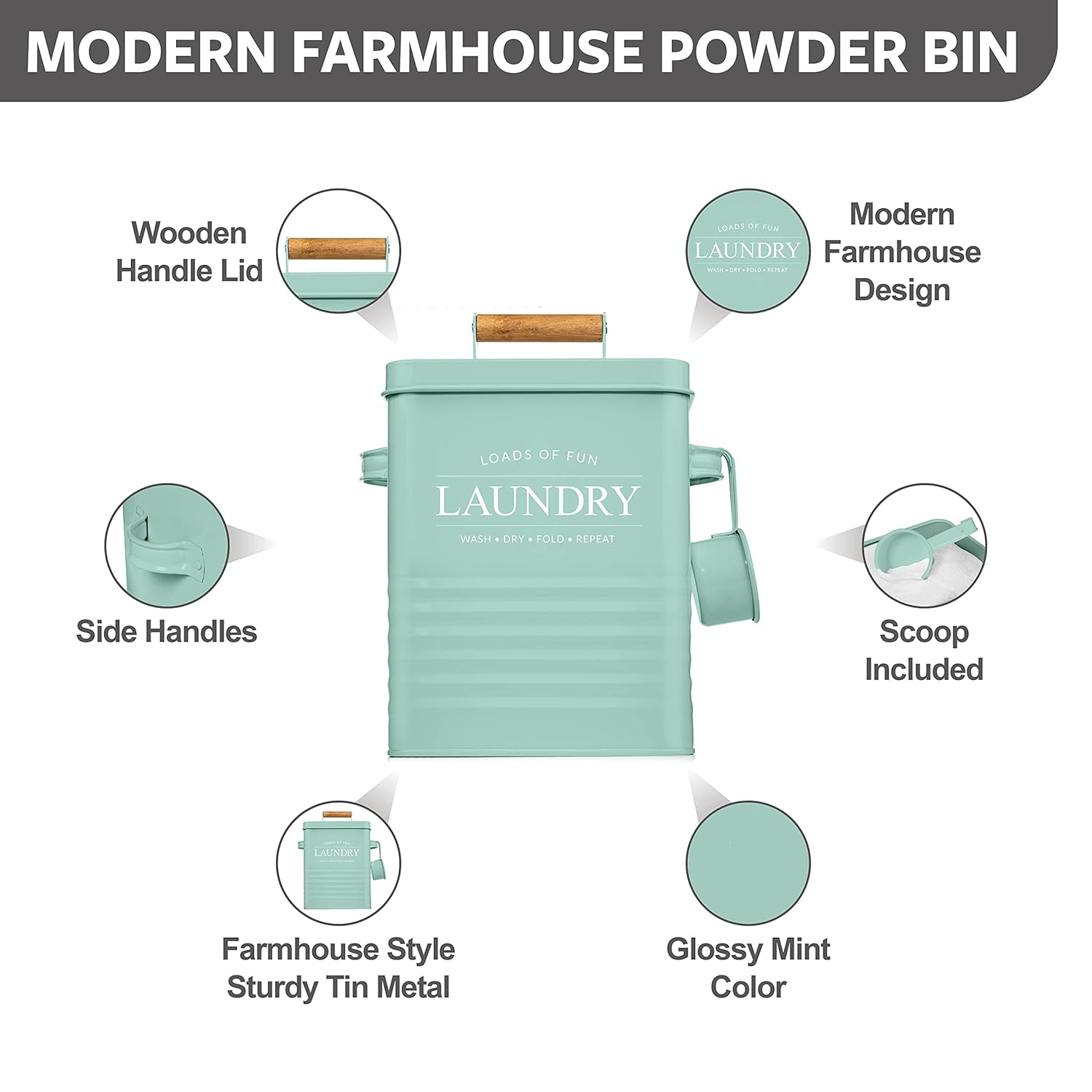 Calindiana Modern Farmhouse Lint Bin, Dryer Sheets Holder and Laundry Powder Pods Container Bundle for Laundry Room Organization and Storage, Laundry Room Decor, Mint