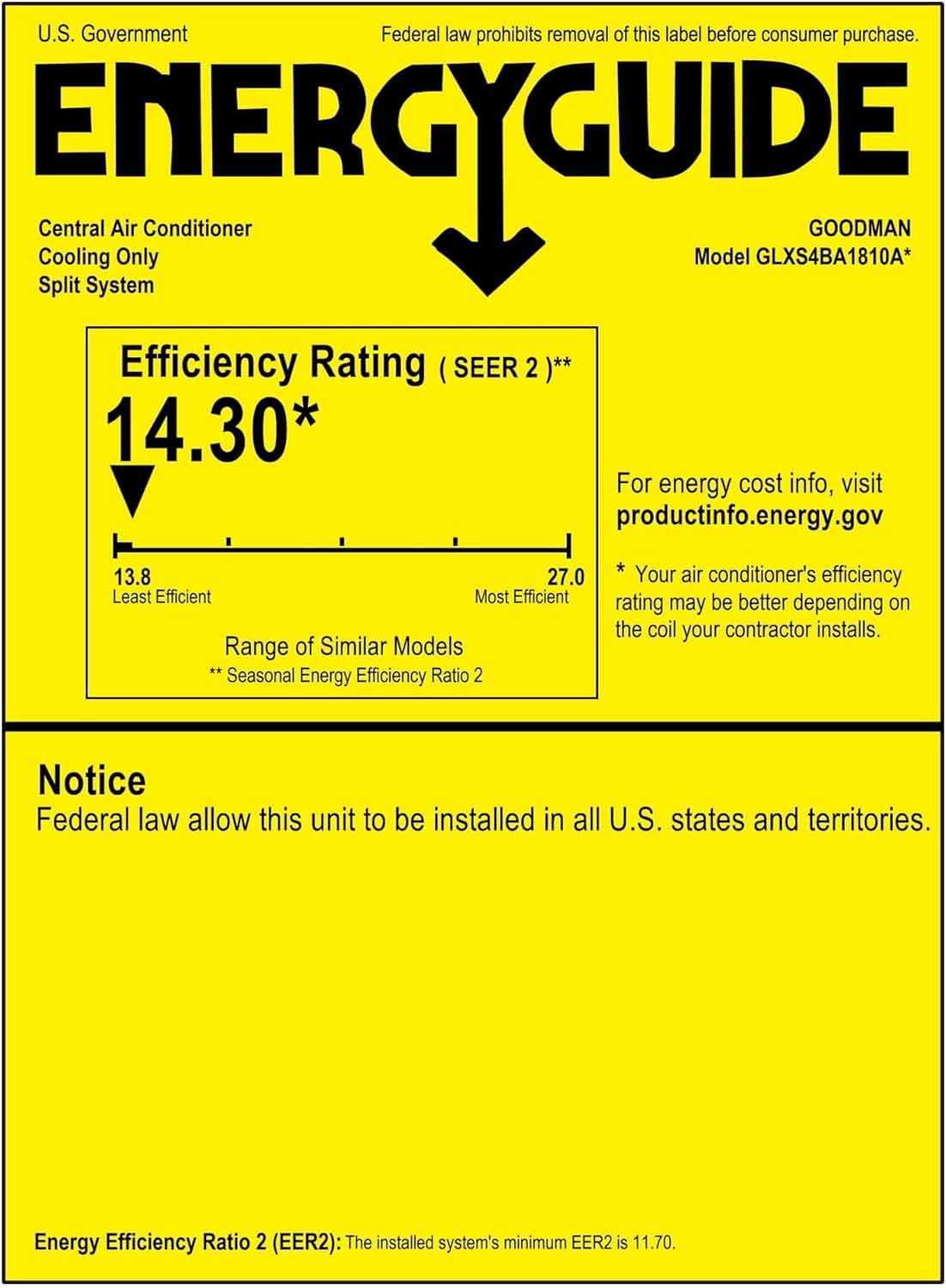 Goodman 1.5 TON 14.3 SEER2 R-32 AC Only System and Front or bottom return air handler with 5kW heat kit (GLXS4BA1810 condenser and AWST18SU1305 air handler)