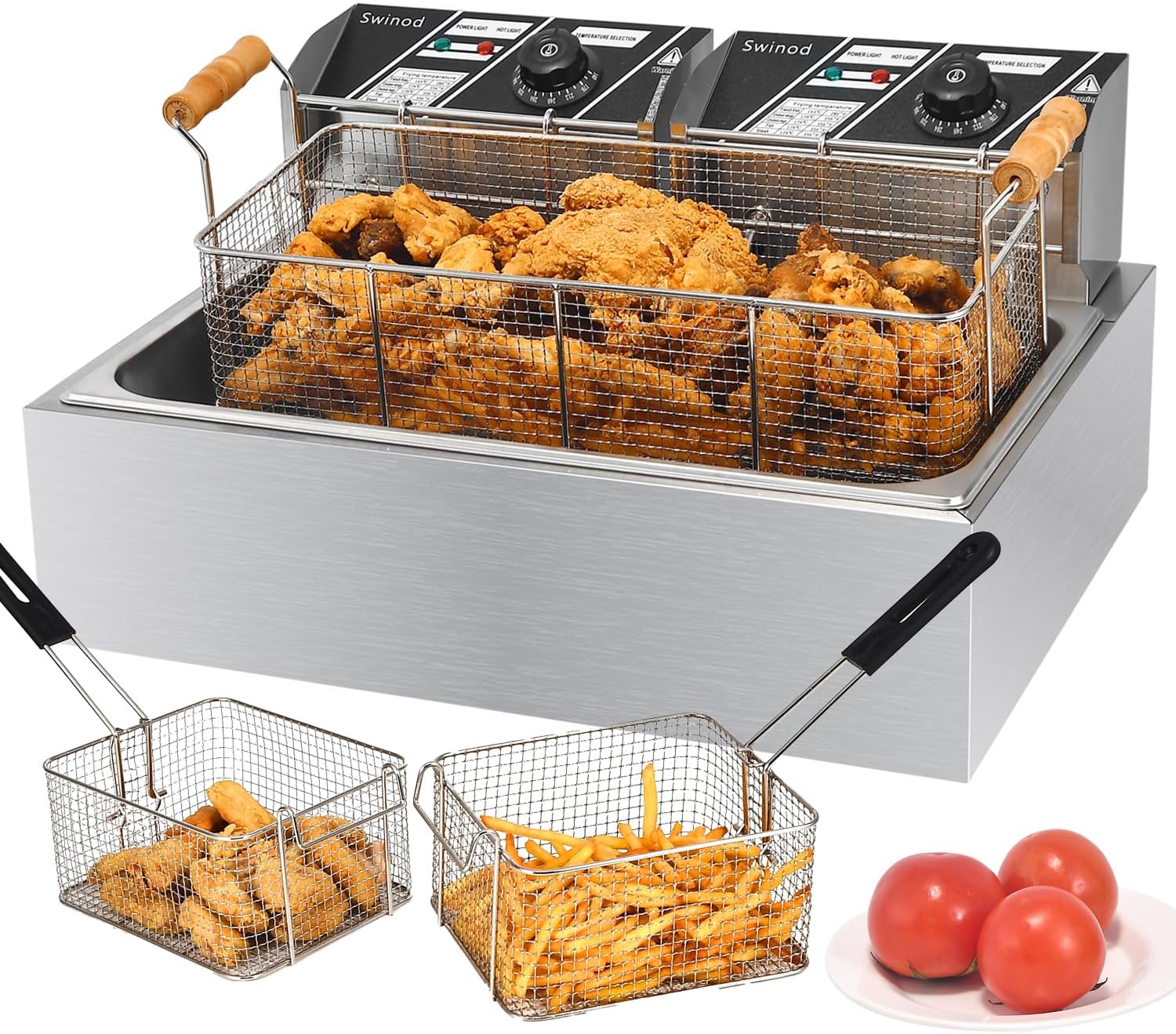 Commercial Deep Fryer with Baskets, 3400W 12.7QT/12L Thickened Stainless Steel Countertop Electric Oil Fryer, Large Capacity with Temperature Control (12L Pro)