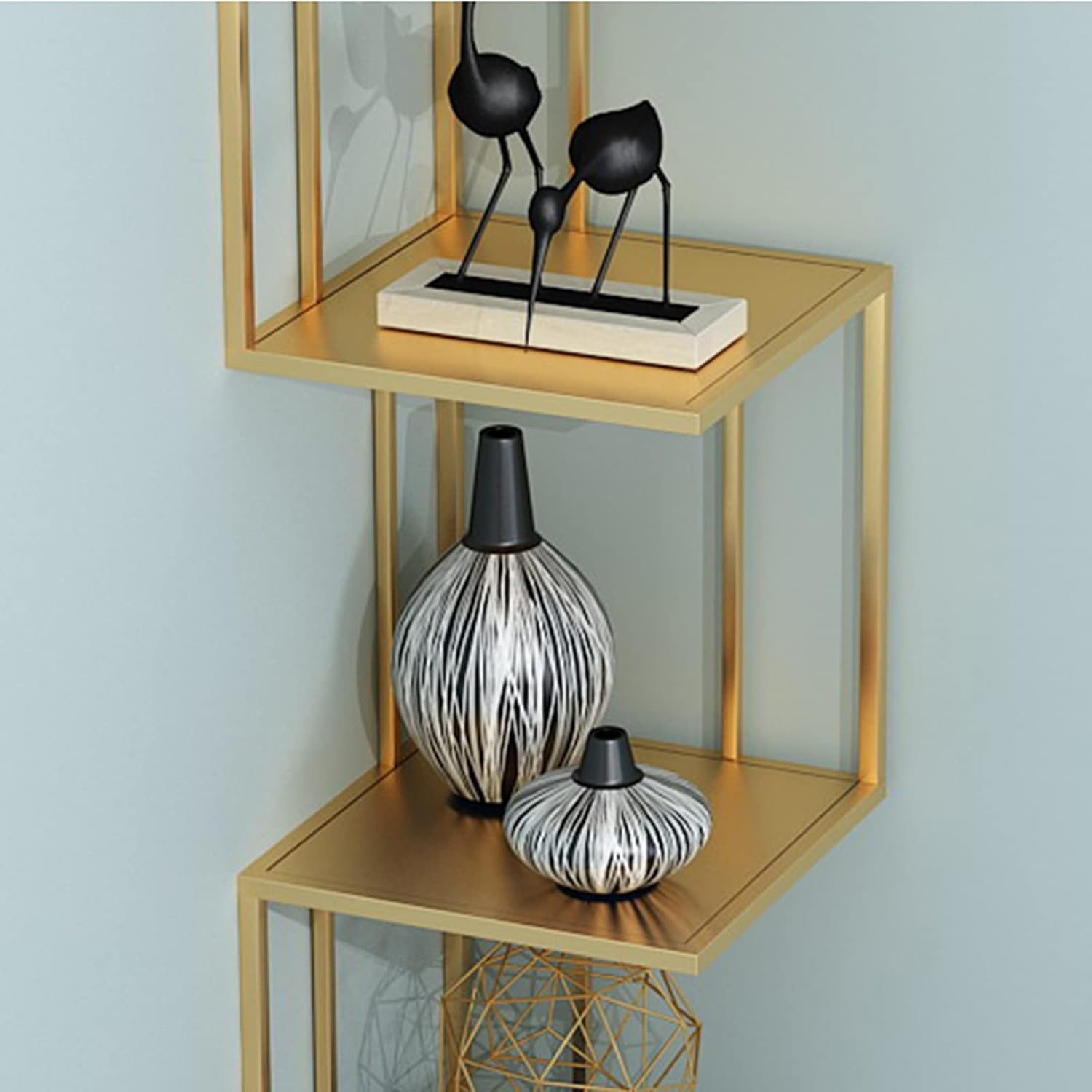 Wall-Mounted Bookshelf Multi-Purpose Corner Metal Bookshelves Household Triangular Shelf 5-Layer Book and Newspaper Storage Rack Open Display Shelves (Gold)