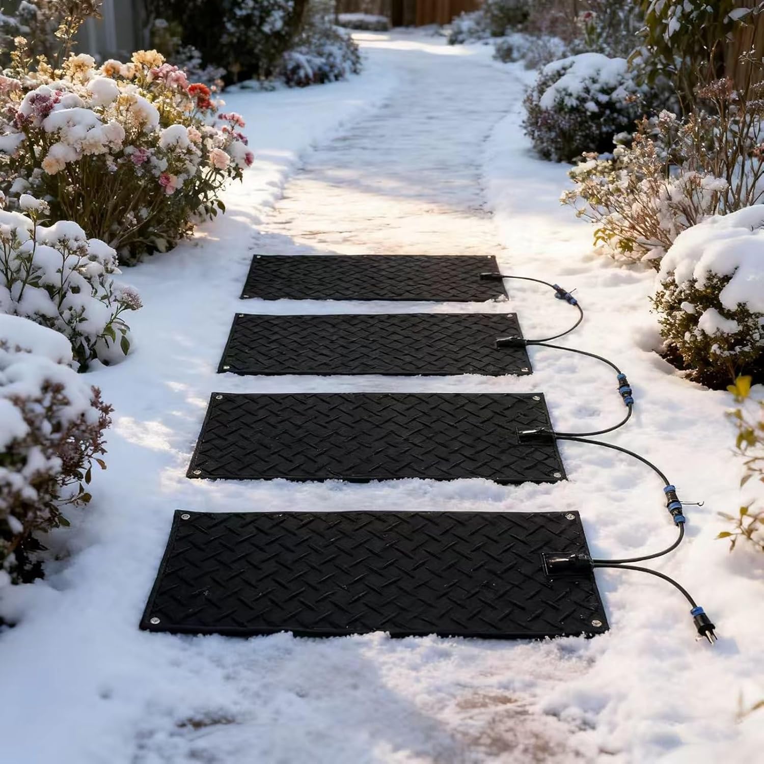 Melt Snow Walkway pad 4-Piece Set, Anti-Slip Rubber Heating pad with Power Cord, Suitable for Winter Outdoor Staircase Walkway Lanes(10x48in/(25.4x120cm))