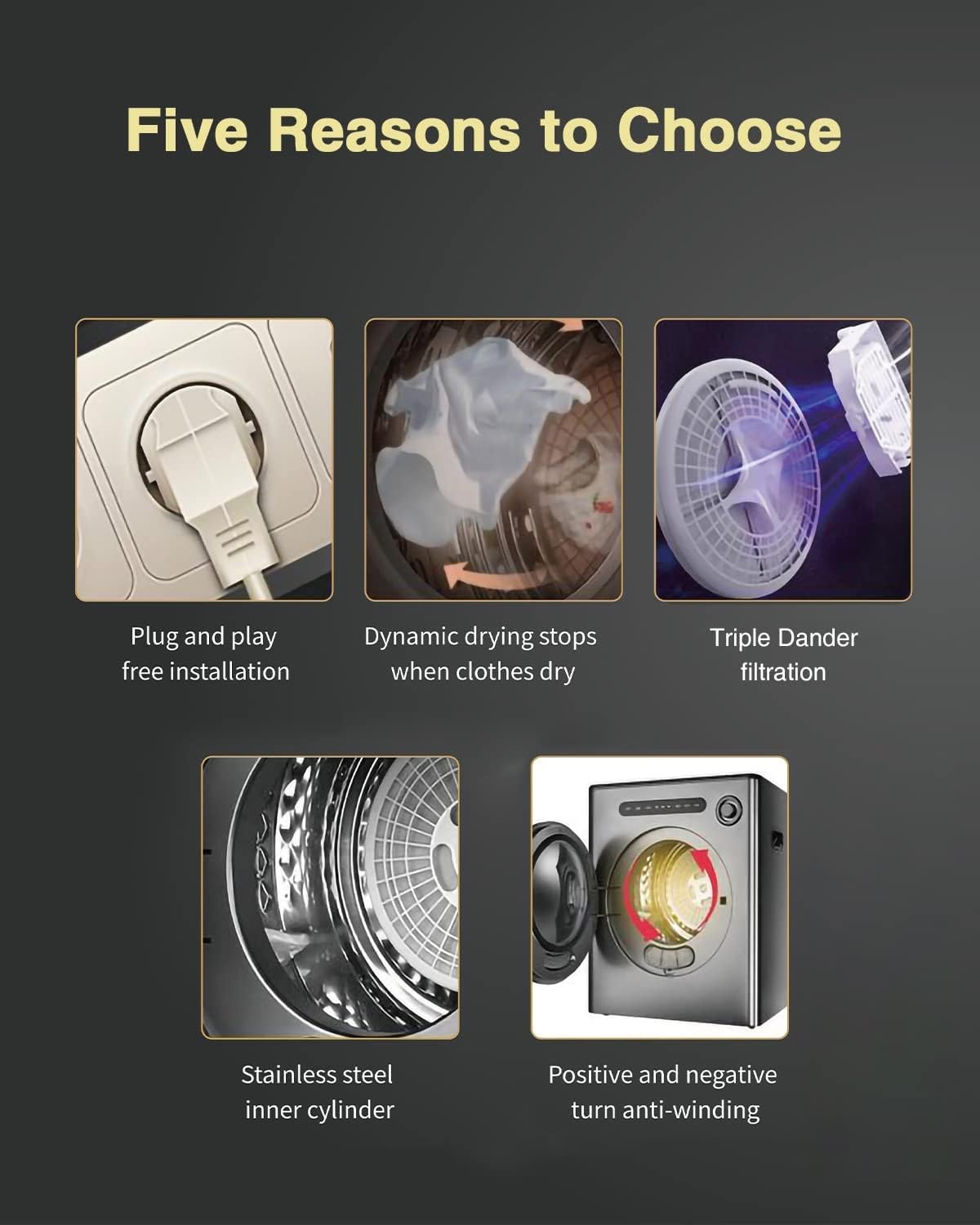 Dryers, Compact Clothes Dryer, 9lbs Load Capacity, 110V 970W Ideal Portable Drying Machine for Tight Spaces, RVs, and Apartments - Quiet, Robust