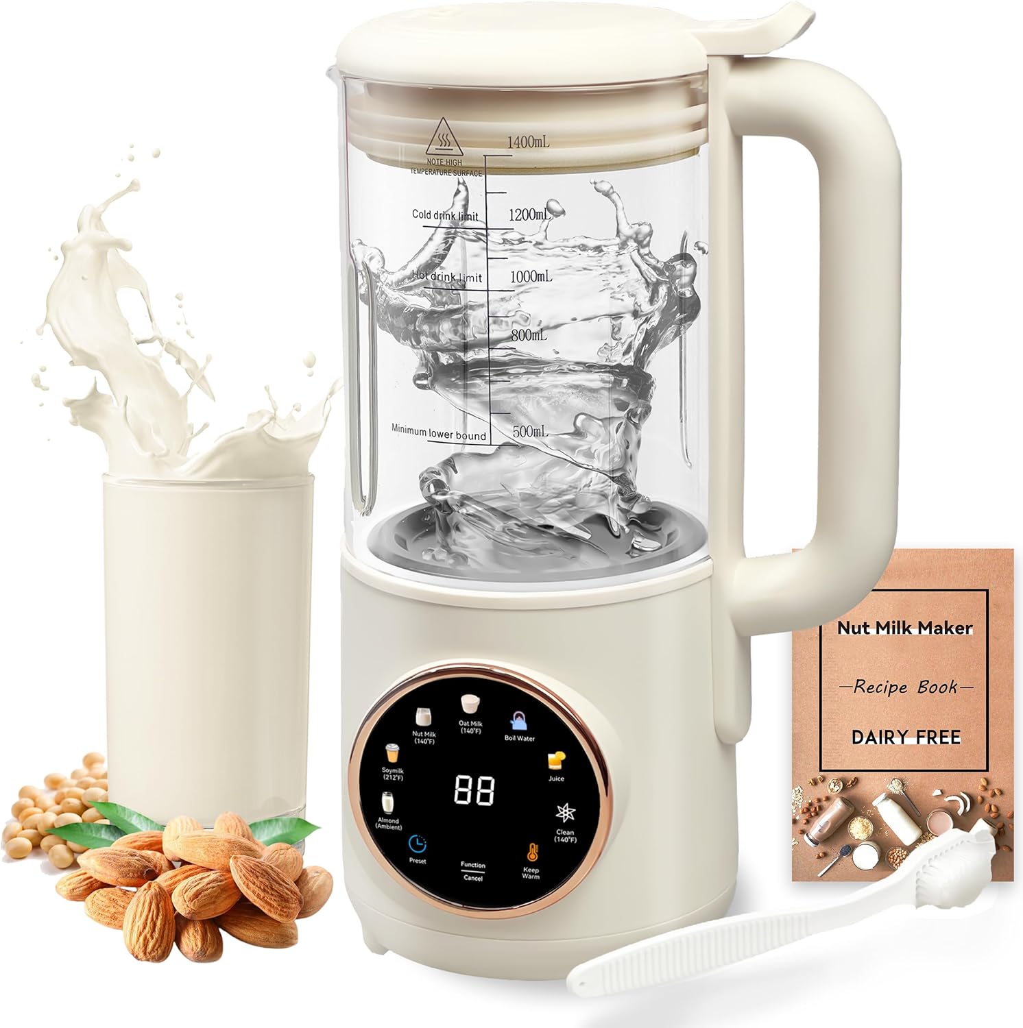 8 in 1 Nut Milk Maker Machine, 48oz Homemade Almond, Oat, Soy, Coconut, Plant-Based and Non-Dairy Beverages with Self-Cleaning, Boil Water, Delay Start, Keep Warm, 16 Blade Blender, Glass Jar