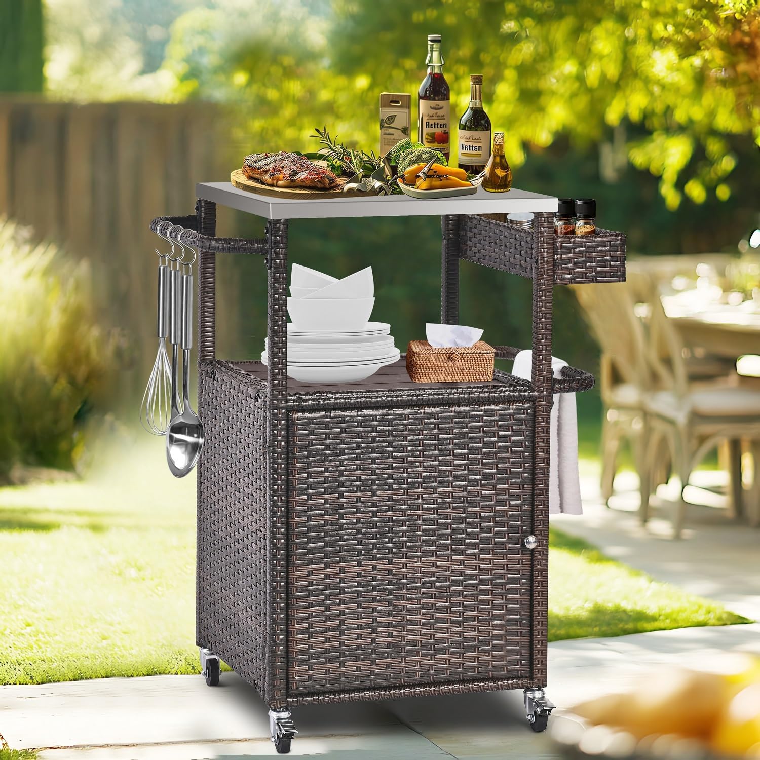 Grill Cart Outdoor with Wheels Outdoor Prep Table Grill Station with Storage Outdoor Kitchen Island Serving Cart with Stainless Steel Table Top BBQ Storage Cabinet for Outside Wicker Bar Cart Brown