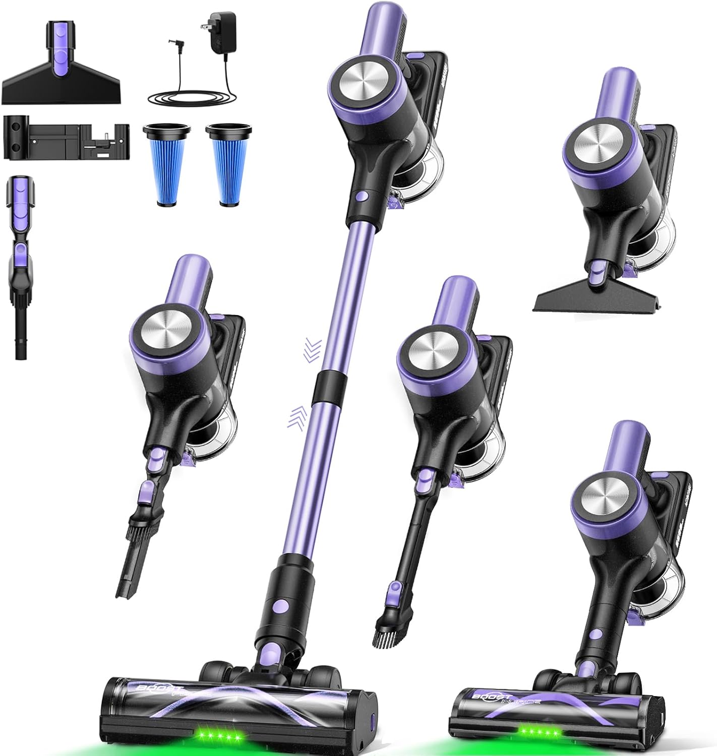 Cordless Vacuum Cleaner, 46KPa/500W Stick Vacuum with 55 Mins Runtime, Self-Standing Vacuum Cleaner for Home, LED Display, Anti-Tangle Brush, Rechargeable Vacuum for Hardwood Floor, Pet Hair (Violet)