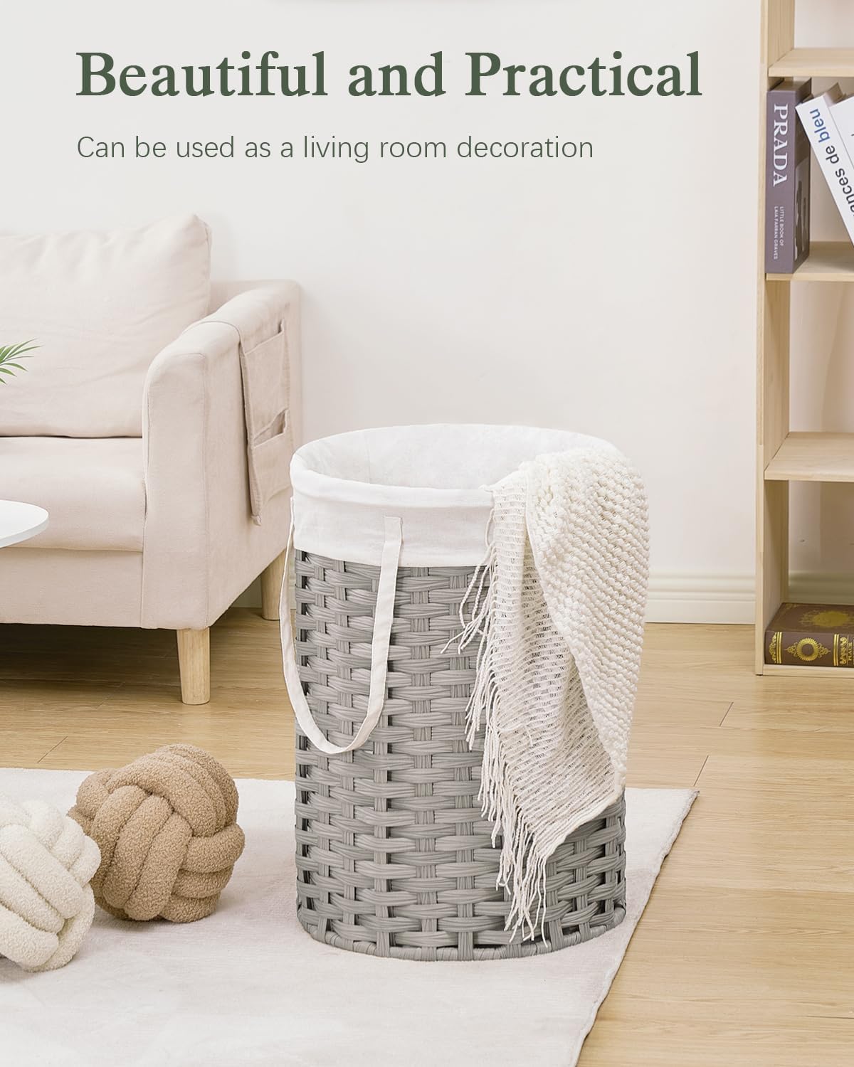 Laundry Hamper Laundry Basket Round 19.0 Gal (72 L) Handwoven Rattan Laundry Basket, Large Wicker Laundry Hamper with Removable Laundry Bag Handles 2 Mesh Bags for Bathroom Living Room Gray