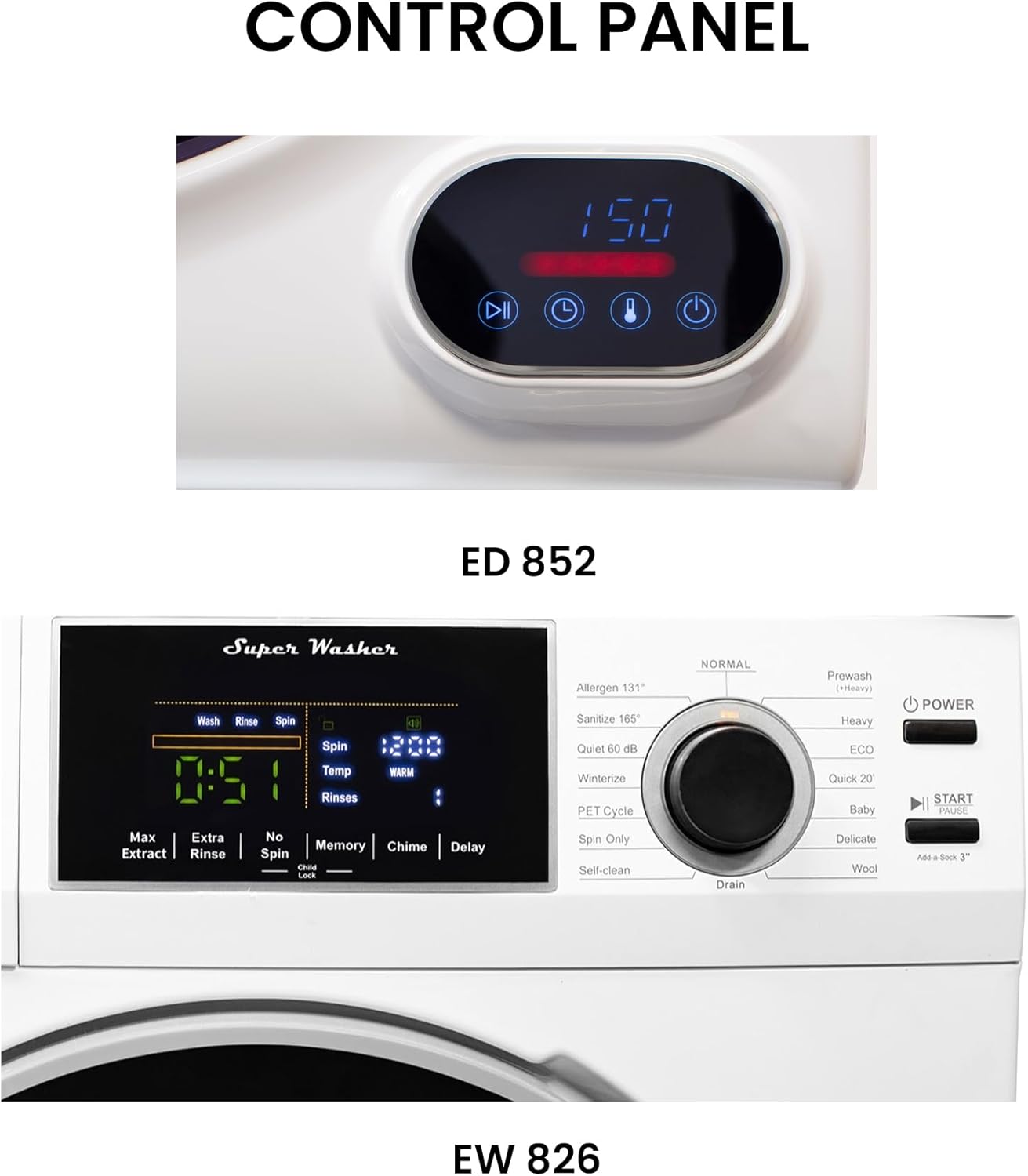 Equator Premium Stackable 15 Lbs Washer 1.62cf 110V+Vented Digi Dryer 3.5cf 110V in White