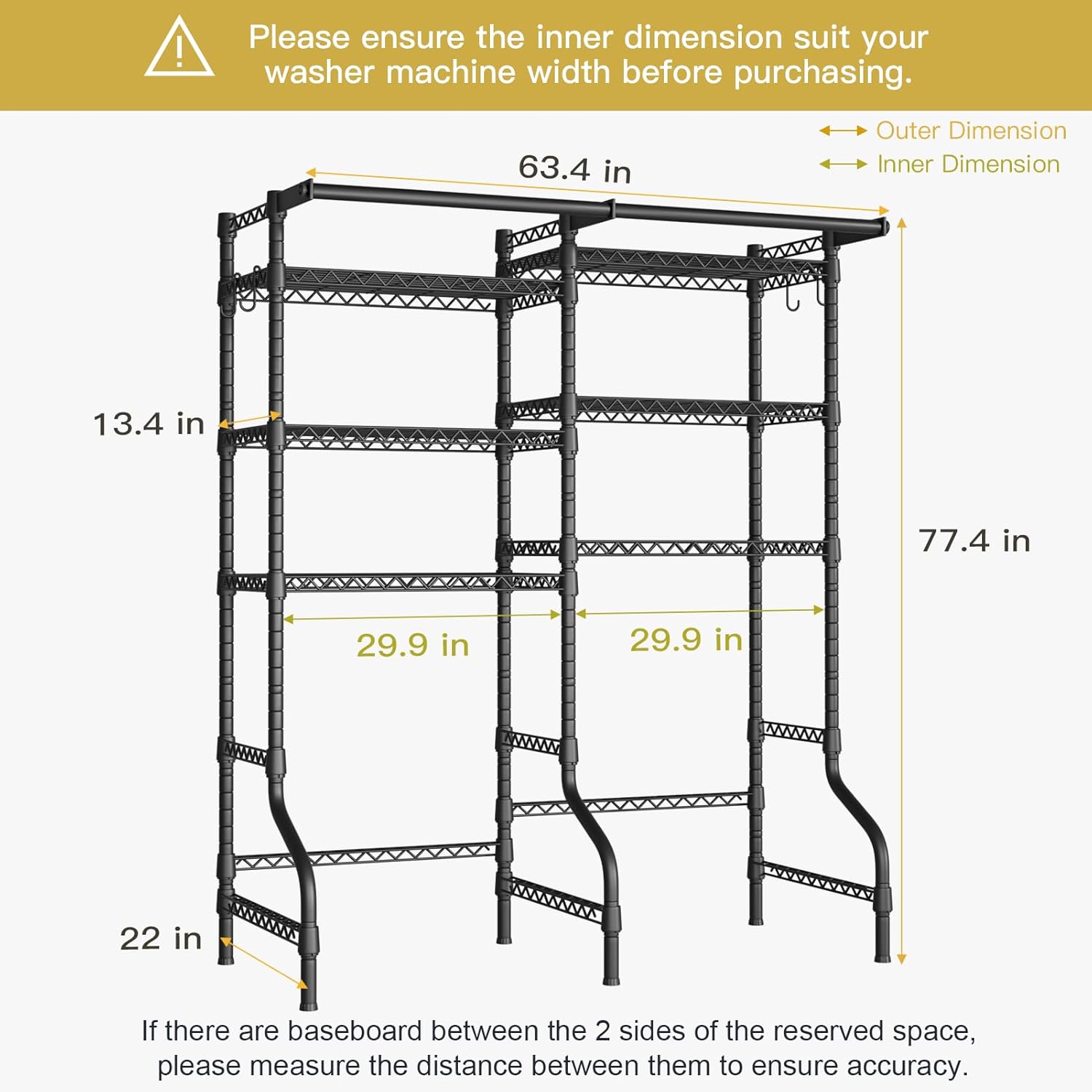 Ulif U13 Over Washer and Dryer Storage Shelves, 6 Tiers Laundry Room Standing Shelf with 2 Hanger Rods, Space Saver Clothes Drying Rack, 63.4