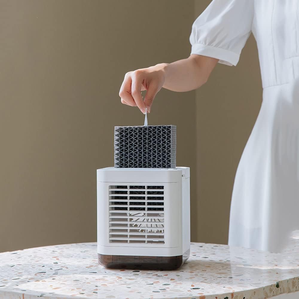 Portable Air Conditioner, Evaporative Air Cooler, Small Cooling Fan, 3 Speeds, 2000mAh Battery Powered & USB Rechargeable Mini Air Conditioner for Room Camping Car Office (Color : White)