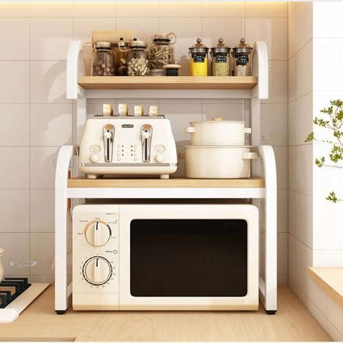 2-Tier Multifunctional Microwave Ovens Countertop, Stand Kitchen Storage Shelf Organizer, Kitchen Storage Organiser Cabinet, with 3 Hooks Kitchen Tableware Storage Shelf (Color : White, Size : 60 * 4