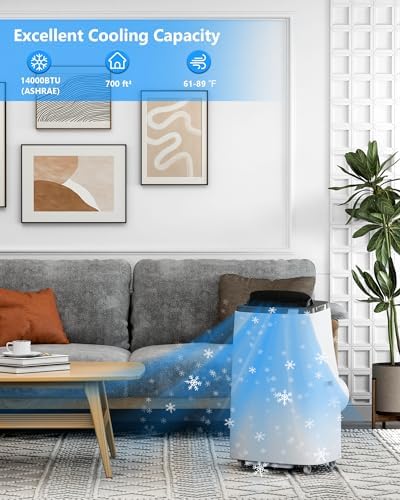 14000BTU Portable Air Conditioner, Cool/Fan/Dry 3-in-1 Portable AC Unit up to 750 Sq with Sleep Mode and Remote Control, 24H Timer, Easy Installation and Ultra Quiet AC for Bedroom, Office