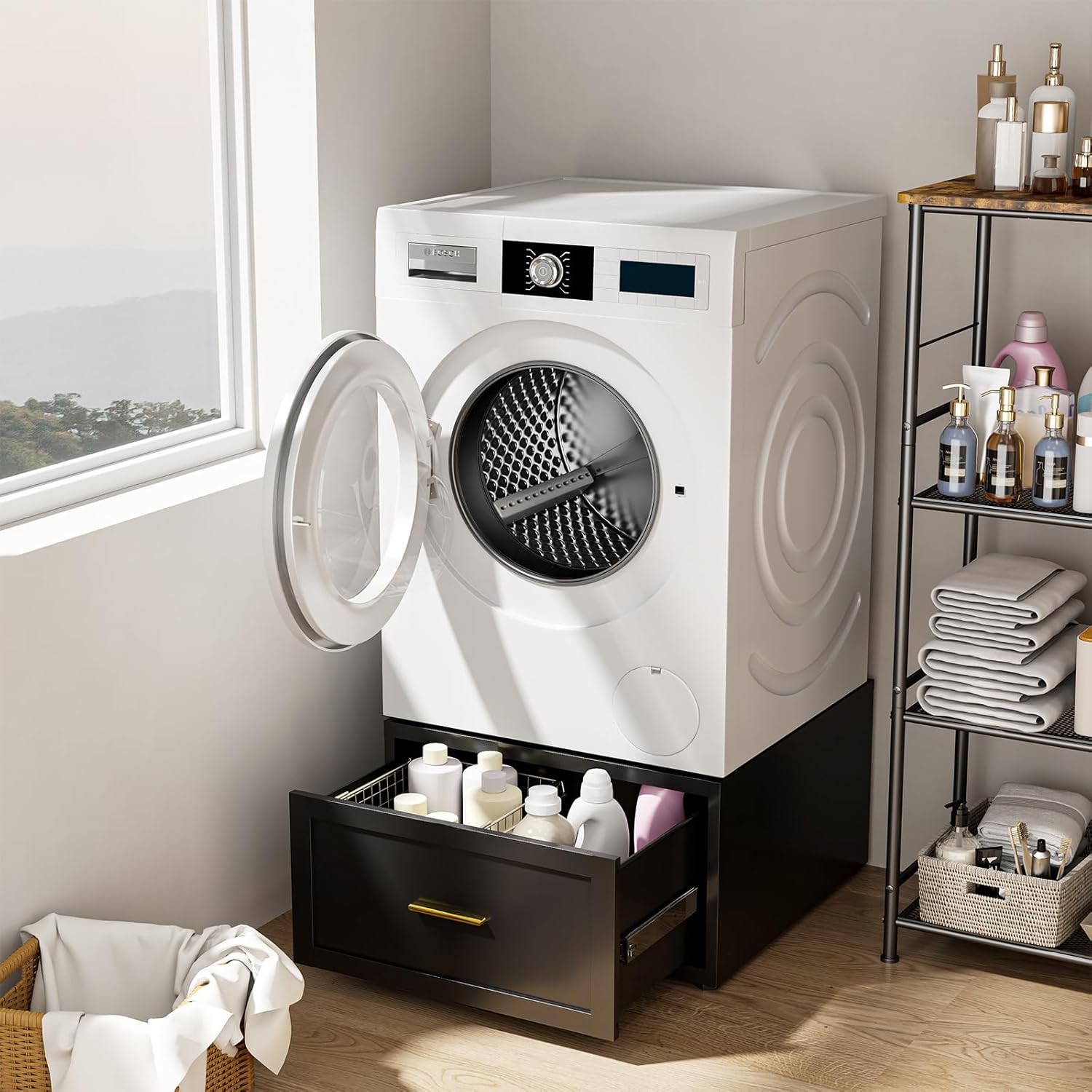 Washer and Dryer Pedestal,28''W Heavy Duty Metal Washer Dryer Pedestal,Universal Laundry Pedestal for Washer and Dryer,Washer and Dryer Stand with Drawer and Base Storage,440 LBS Capacity,Black