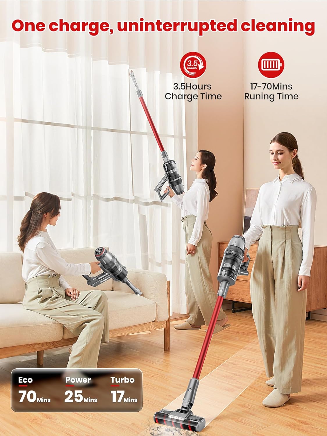 Honeywell Smart Cordless Vacuum Cleaner w/Automatic Adjustment, 10-in-1 Lightweight Stick Vacuum with 3000mAh Battery 70Mins Runtime, Rechargeable Cordless Vacuum for Pet Hair/Carpet/All Floor, VC14
