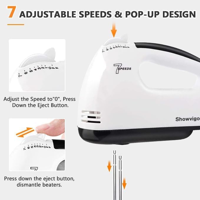 Electric Hand mixer - 7 Adjustable Speed 180W Handheld Mixer Electric Whisk with 5 Stainless Steel Accessories, Turbo Boost/Self-Control Speed + Eject Button Food Beater for Cakes Eggs