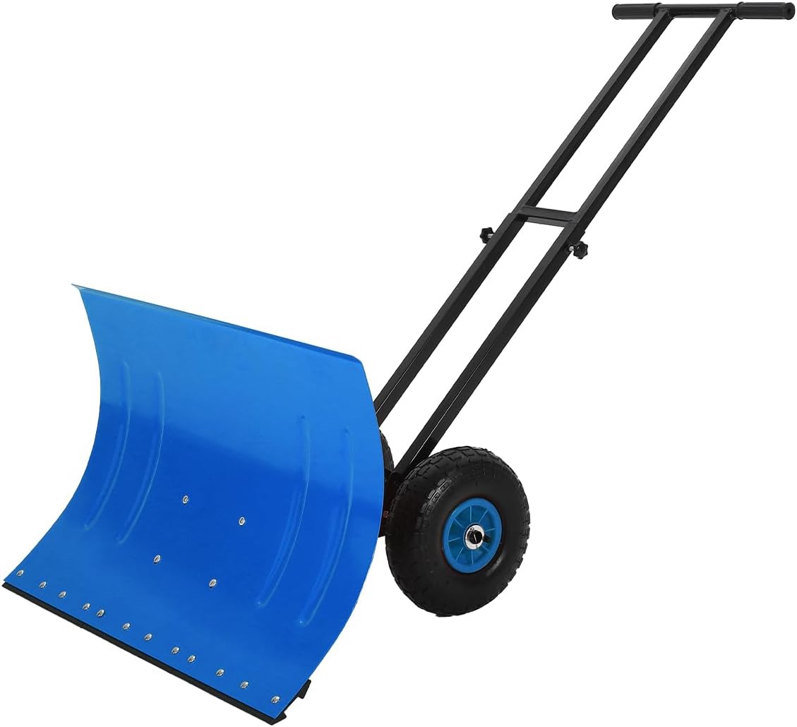 Wheeled Snow Shovel Pusher - Heavy Duty Steel Push Plow with Adjustable Handle Efficient Snow Removal Angle Settings for Driveways Sidewalks Blue
