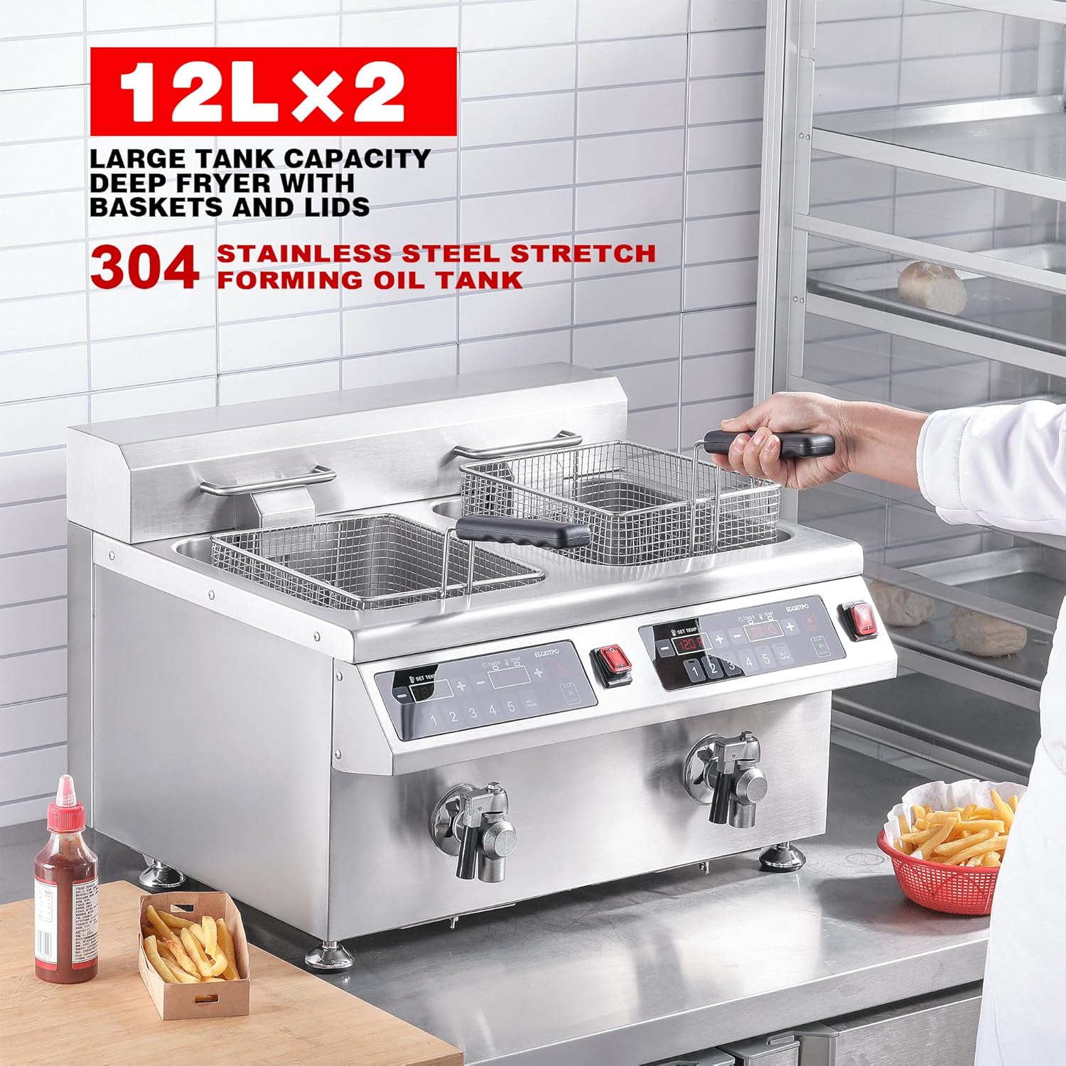 EGGKITPO Induction Fryer 24L Dual Tank Deep Fryer with Basket and Lid Countertop Electric Fryer with Timer and Oil Drain Stainless Steel Commercial Fryer for Large Restaurant and Business 120V 3600W