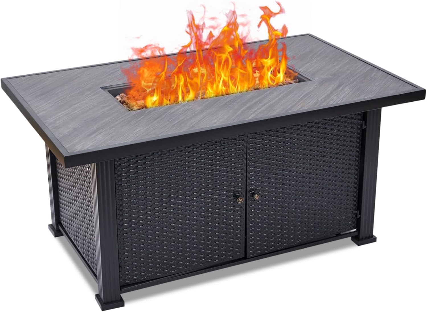 52 Inch Outdoor Gas Fire Table, 50,000 Btu Propane Rattan Fire Pit with Cover, Large Rectangular Fireplace with Rain Cover for Balcony Backyard Garden