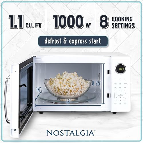 Nostalgia Retro 1000W Microwave Oven 1.1 Cu Ft Capacity – Child Safety Lock, 8 Auto-Cook Settings – Countertop Kitchen Appliance – White