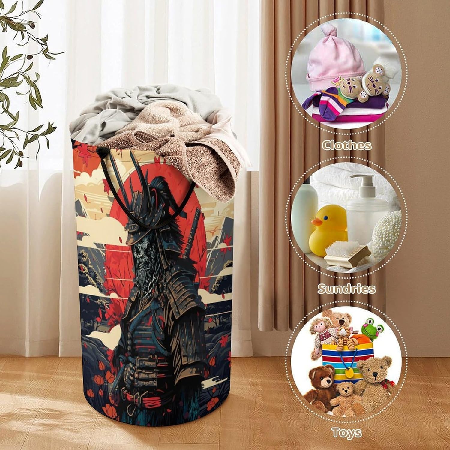 Gothic Japan Samurai Laundry Hamper Dirty Clothes,Abstract Japanese Cherry Blossom Skull Anime Samurai Maple Leaf Mount Large Laundry Basket Storage Basket For Bathroom 15.7W
