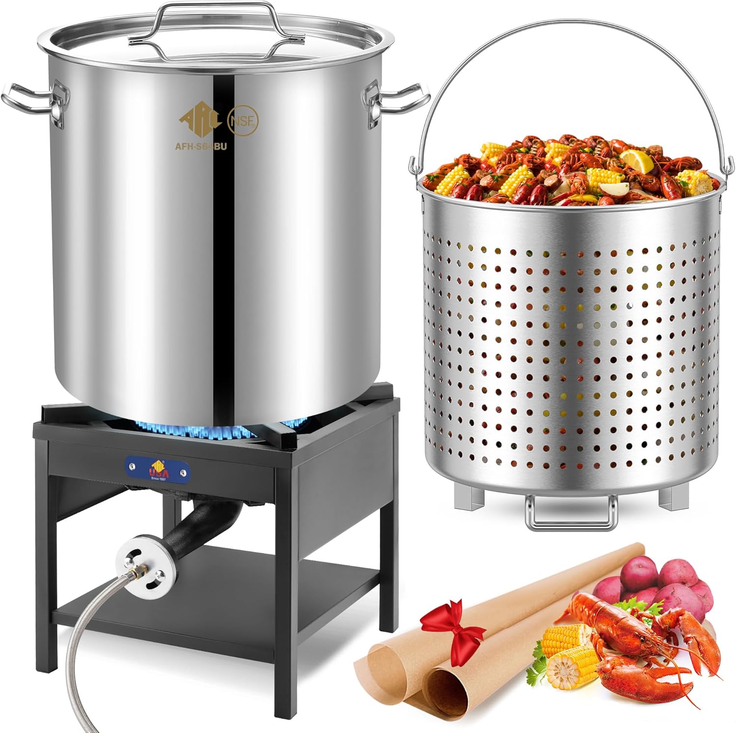 ARC 64QT Stainless Steel Seafood Boiling Turkey Fryer Kit with Strainer and Propane Stove with 200,000BTU, Stainless Steel Crawfish Boil Pot and Burner for Outdoors Cooking and Steaming, Non-Assembly