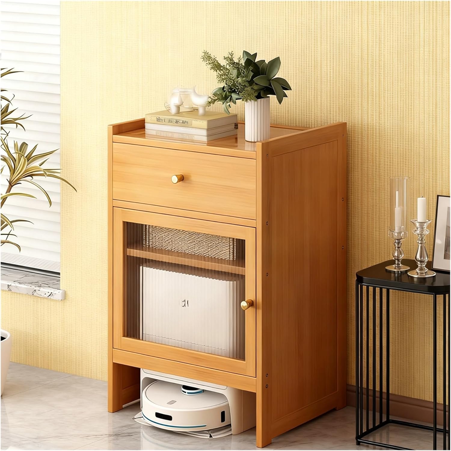 Vacuum Cabinet Robot Vacuum Storage Cabinet Robot Cleaner Storage Rack for Living Room, Home, Office, Entrance, Save Space(Natural)