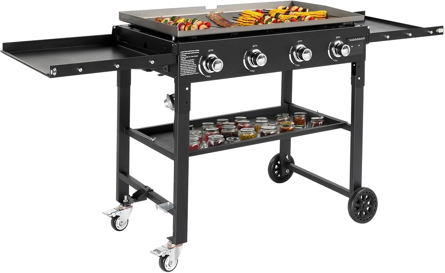 Foldable Flat Top Grill, Portable Outdoor Propane Griddle with 2 Foldable Shelves, 30000/45000/60000 BTU Gas Grill Griddle Cooking Station for BBQ & Outdoor Cooking, Black(4 Burner)