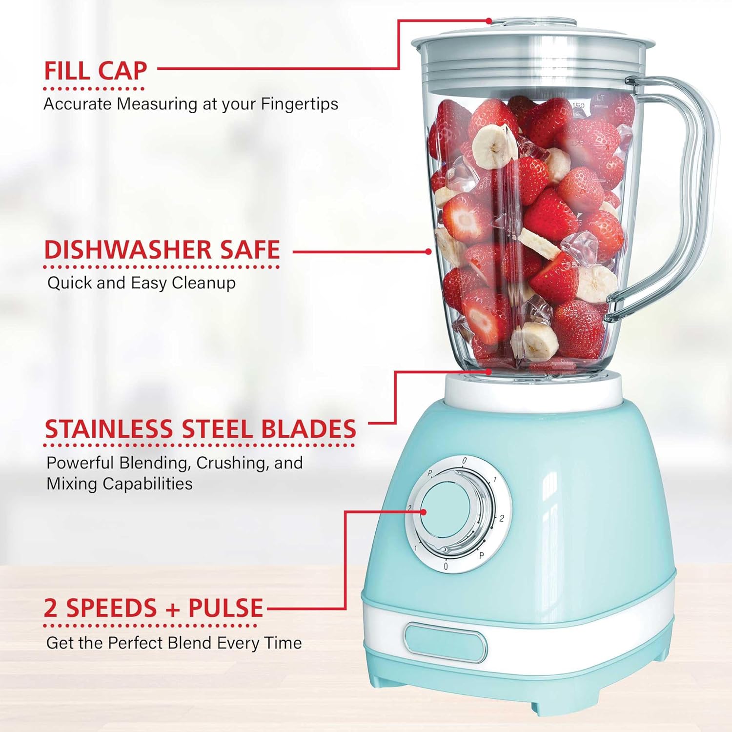 Retro 2-Speed Electric Blender with 50 Oz BPA-Free Jar – Ice Crushing & Smoothie Maker with Stainless Steel Blades, Pulse Function, Dishwasher Safe, Blue