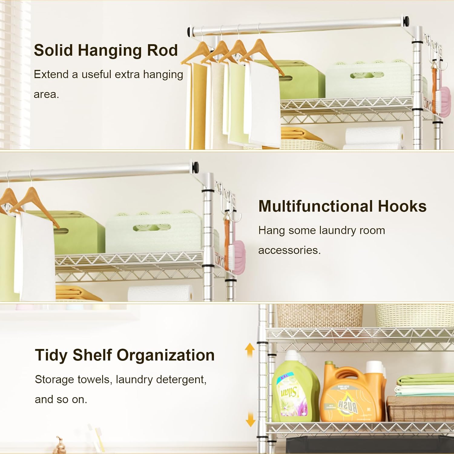 Ulif U11 Medium Over Washer and Dryer Shelves, 3 Tiers Laundry Room Storage and Organizer Standing Shelf, Metal Freestanding Clothes Drying Rack, 31.1