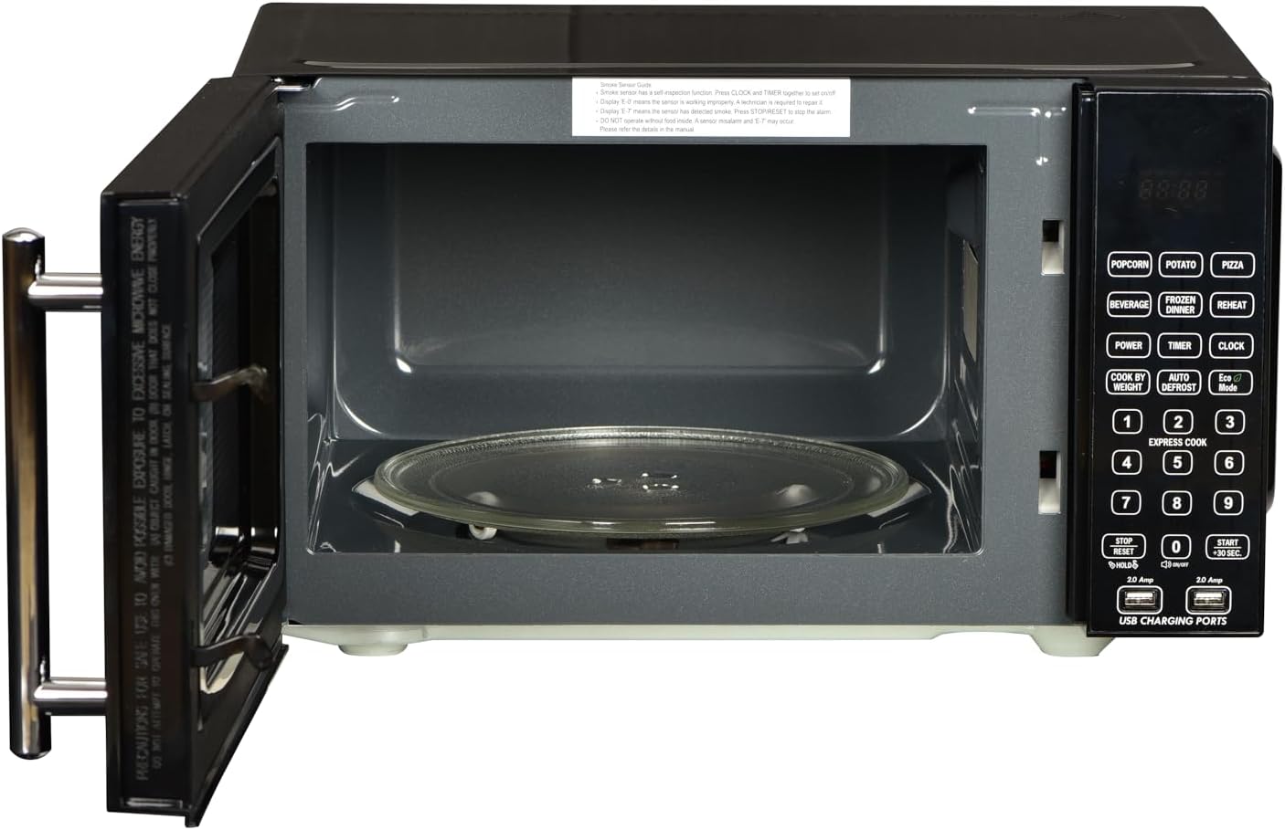 USB Microwave with Smoke Sensor, 2 USB Ports, Door Lock, 6 Cook Settings, Mute Function, Express Cook, +30 Seconds Function, Auto Defrost, Timer, Eco Mode, Easy Clean Dark Grey Interior.