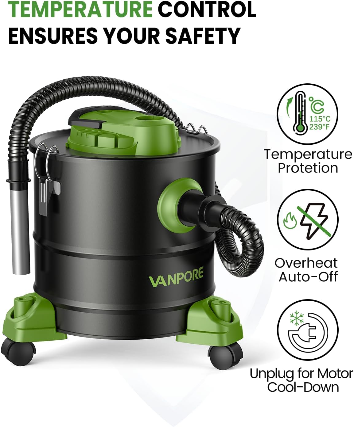 Ash Vacuum Cleaner 5.2 Gallon with 1200w Suction Power&Wheeled Base, Ash Vacuum for Pellet Stoves, Fireplaces, Grill, Wood Stove, Fire Pits,Green