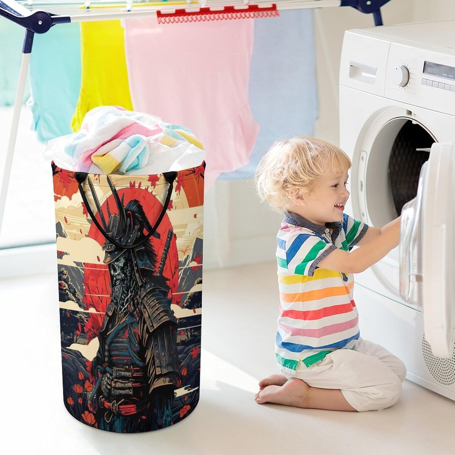 Gothic Japan Samurai Laundry Hamper Dirty Clothes,Abstract Japanese Cherry Blossom Skull Anime Samurai Maple Leaf Mount Large Laundry Basket Storage Basket For Bathroom 15.7W