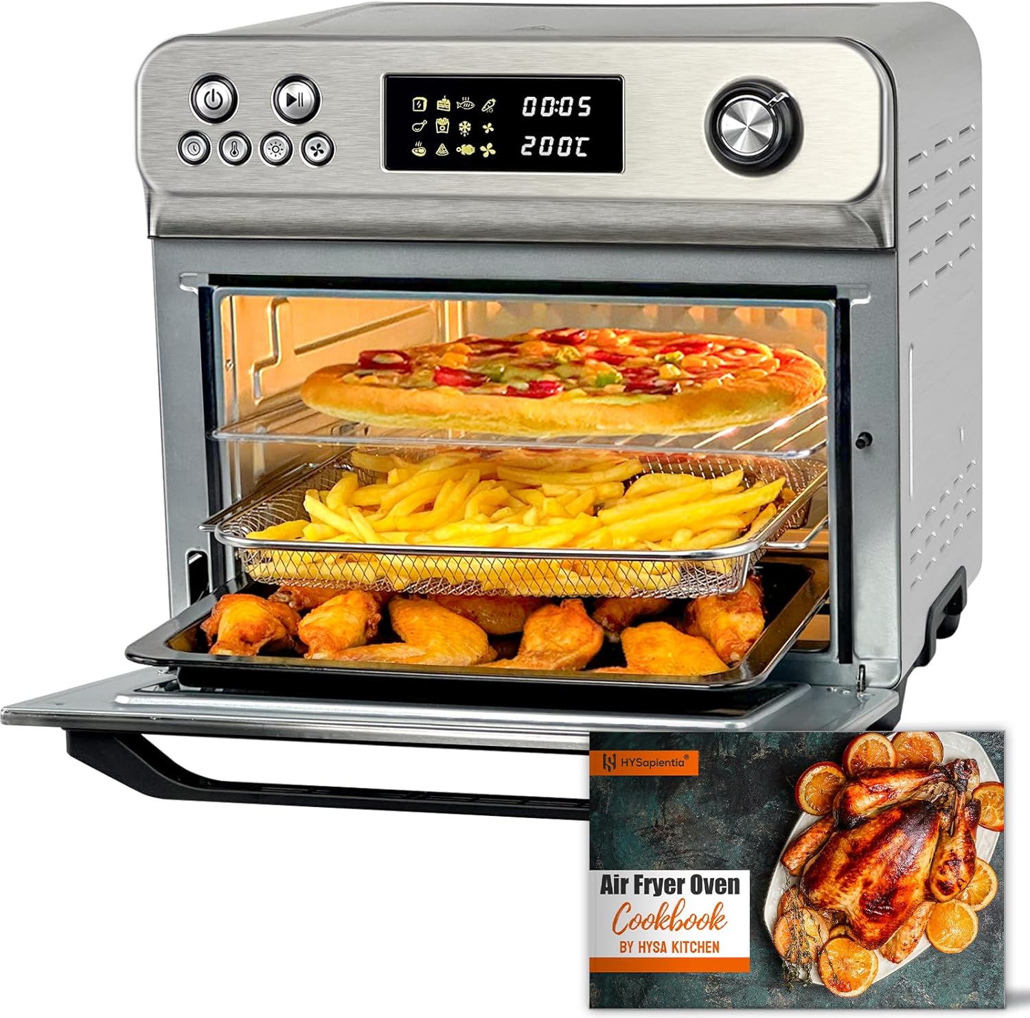 HYSapientia Air Fryer Toaster Oven Combo, 26Quart 10-in-1 Extra Large Countertop Convection Oven with LED Display Knob Control, 1800W Stainless Steel, Less Oil, Faster Cooking,7 Accessories+Recipe