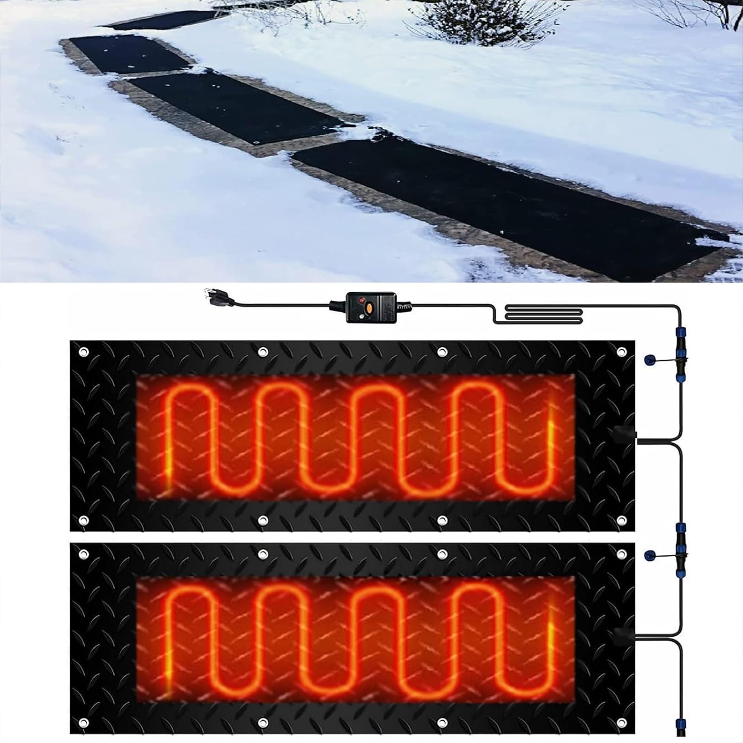 Thickened Snow Melting Mats with Power Unit, 1/2/3/4/5 pcs Outdoor Stairs- Non-Slip Winter Removal and Ice Melt Products -Heating Entrance(2 Pcs-12x36in/(30x90cm))
