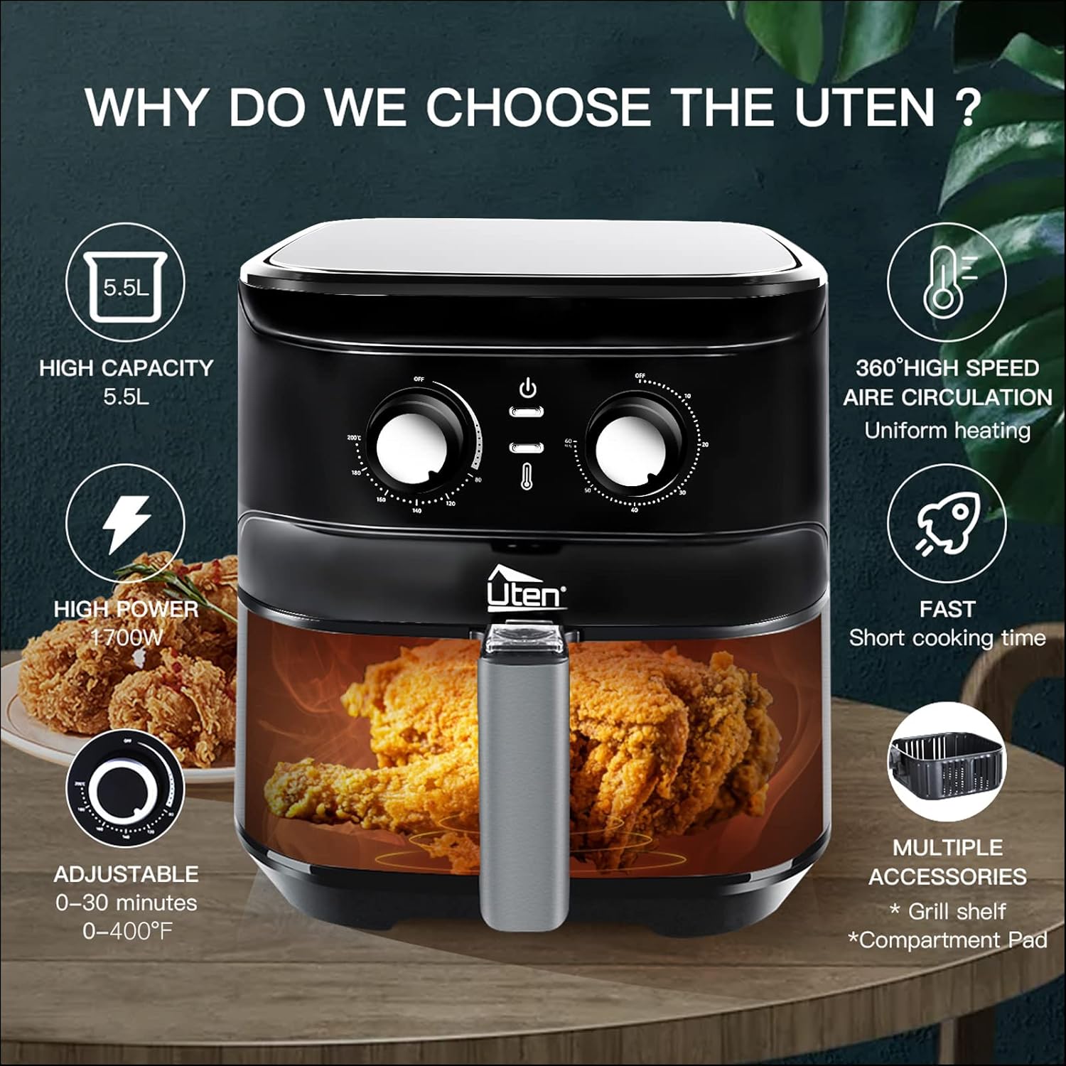 Air Fryer 5.8Qt/5.5L - Uten Electric Airfryer with Temperature Control, Timer, Non-Stick Fry Basket, 1700W High-power, Fast Oven Oilless Cooker, Dishwasher Safe - A Great Kitchen Assistant