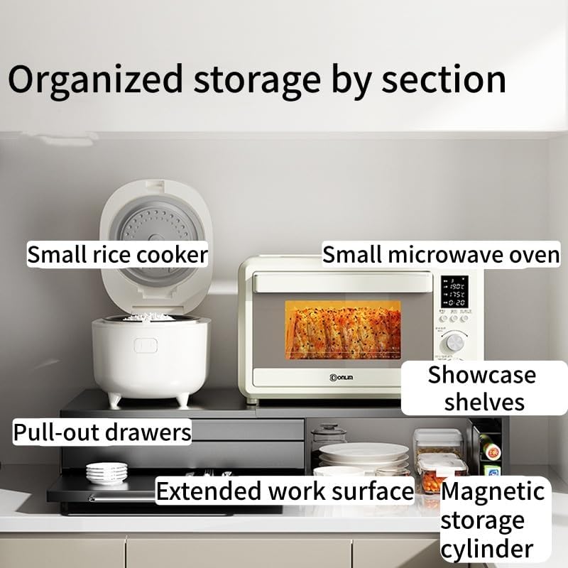 Expandable Microwave Stand with Drawer, 2-Tier Kitchen Countertop Organizer for Microwave Oven, Coffee Station, Pantry Storage(Black)
